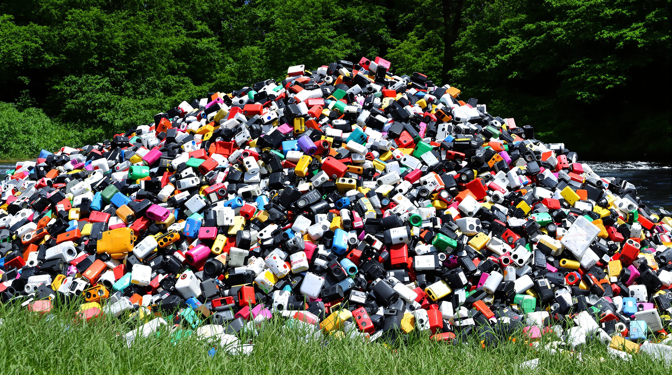 Accumulation d'appareils photo jetables usagés formant une masse de déchets plastiques colorés sur fond naturel