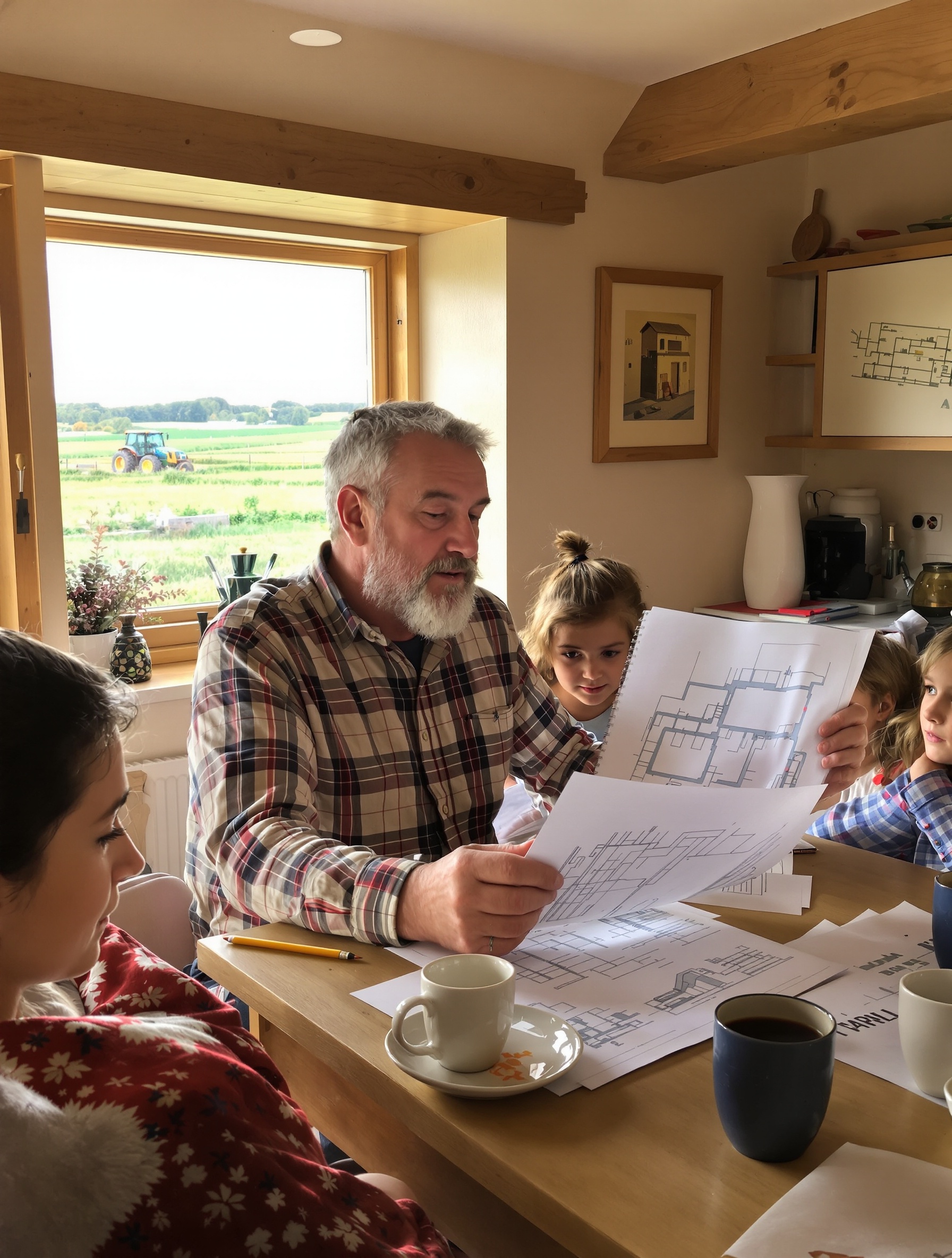 agriculteur breton réfléchissant projet bâtiment agricole famille plans cahier ambiance studieuse