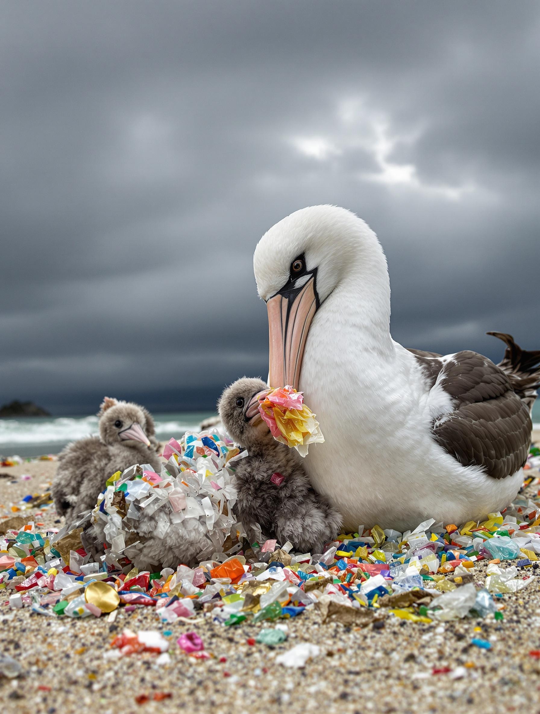 Albatros du Laysan nourrissant un poussin, entouré de fragments plastiques sur un sol sablonneux.