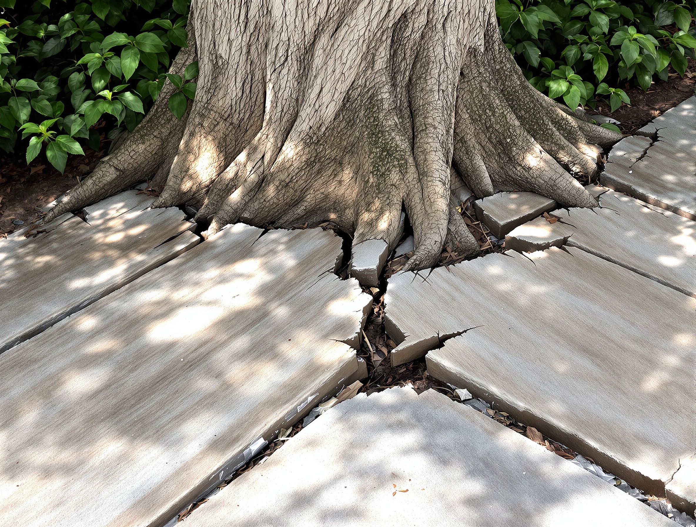 Terrasse fissurée par les racines superficielles d’un catalpa