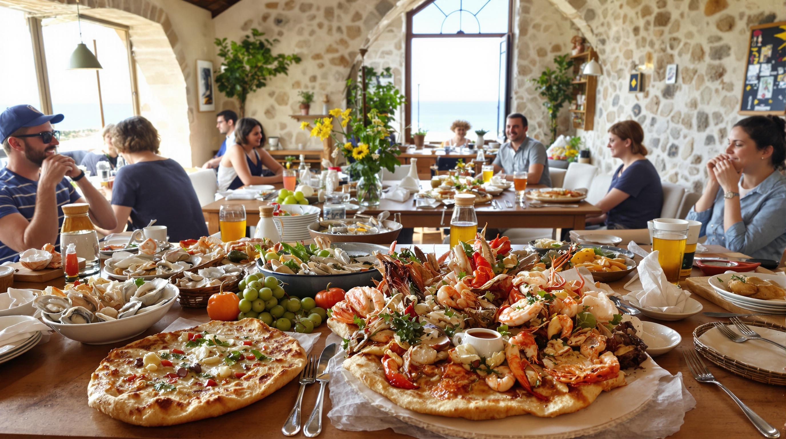 Ambiance conviviale dans un restaurant typique du Cap Sizun, galettes et plateau de fruits de mer.