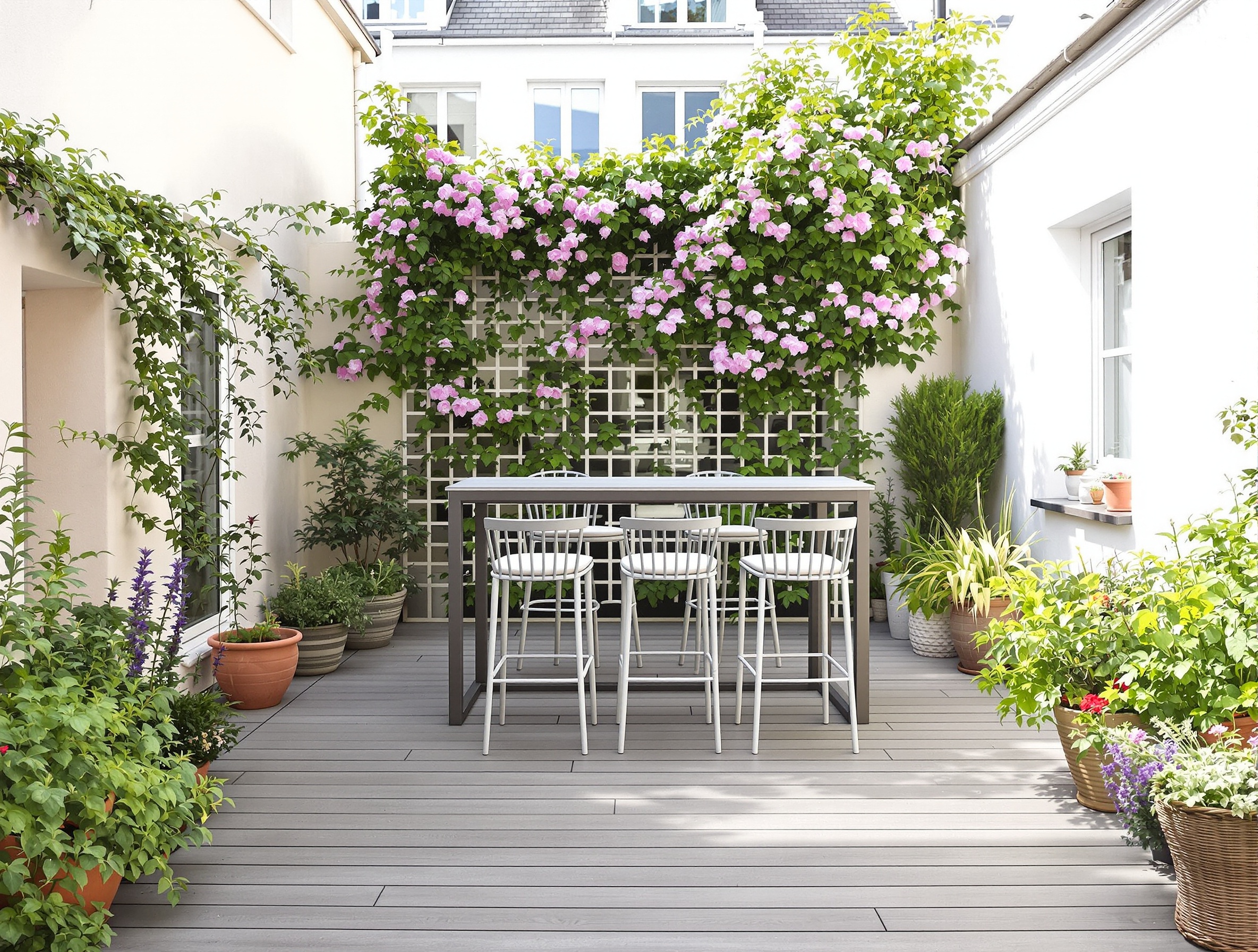 Aménagement cour bretonne 10m2 caillebotis treille aromatiques