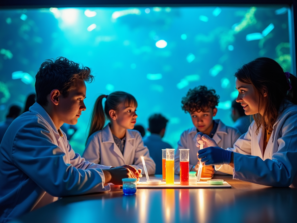 Enfants et adultes en blouse manipulant des éprouvettes devant un aquarium dans l'animation scientifique Océanolab