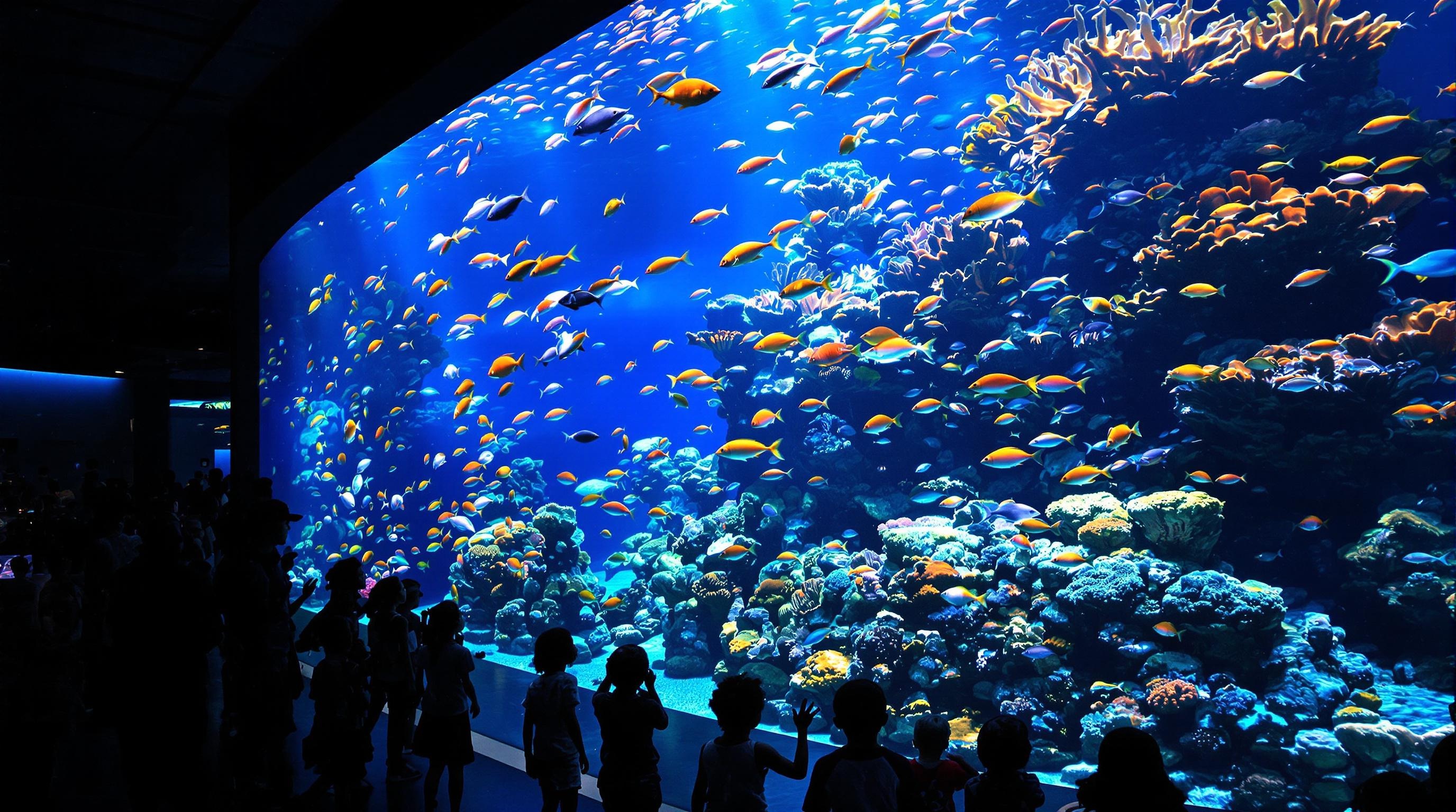 Intérieur grand aquarium Océanopolis poissons tropicaux coraux