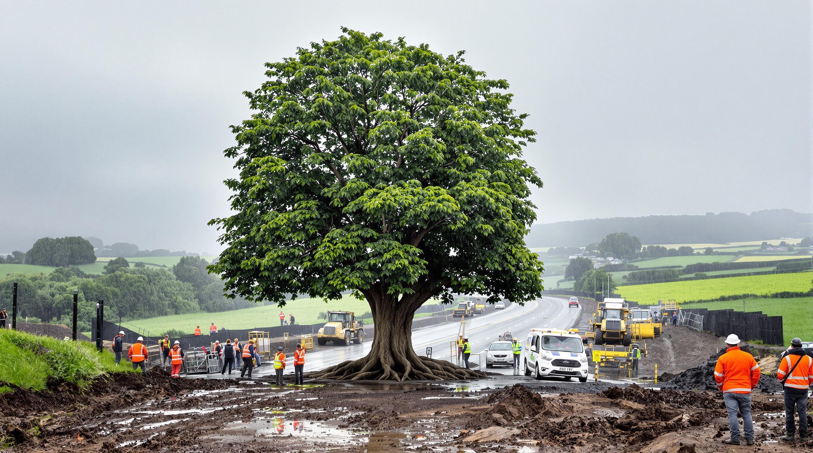 Arbre centenaire sur le tracé de l'A69 avec militants sous la pluie