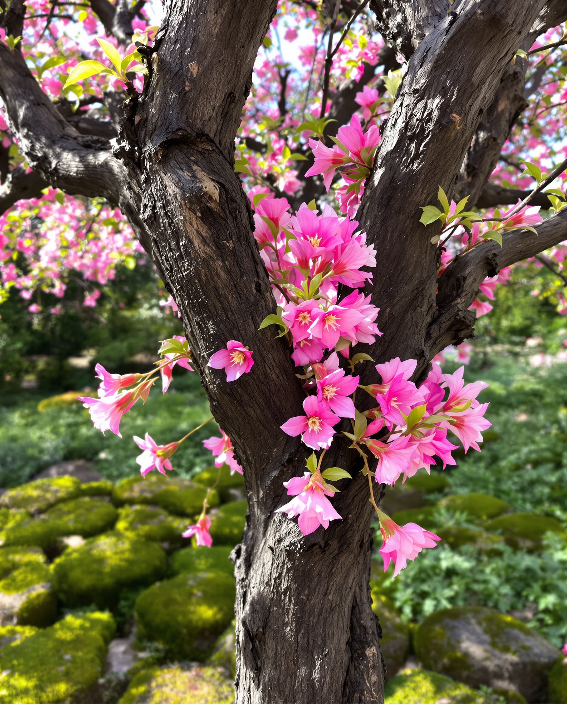 Arbre de Judée en pleine floraison, tronc noir tortueux et fleurs rose vif