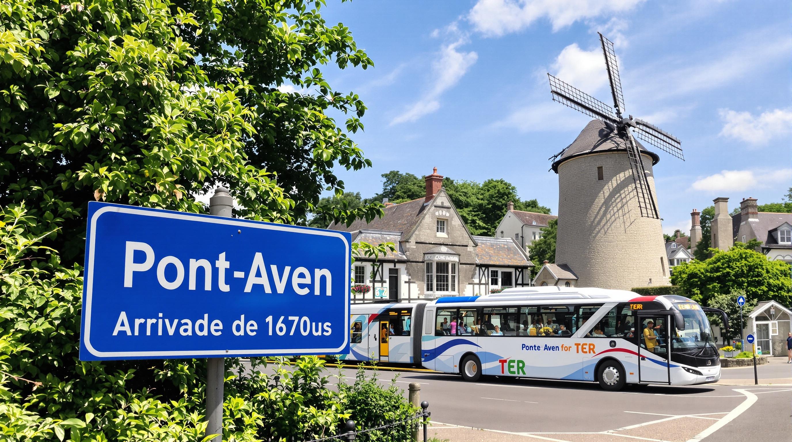Arrivée multimodale à Pont-Aven : TER, navette saisonnière et panneau routier.