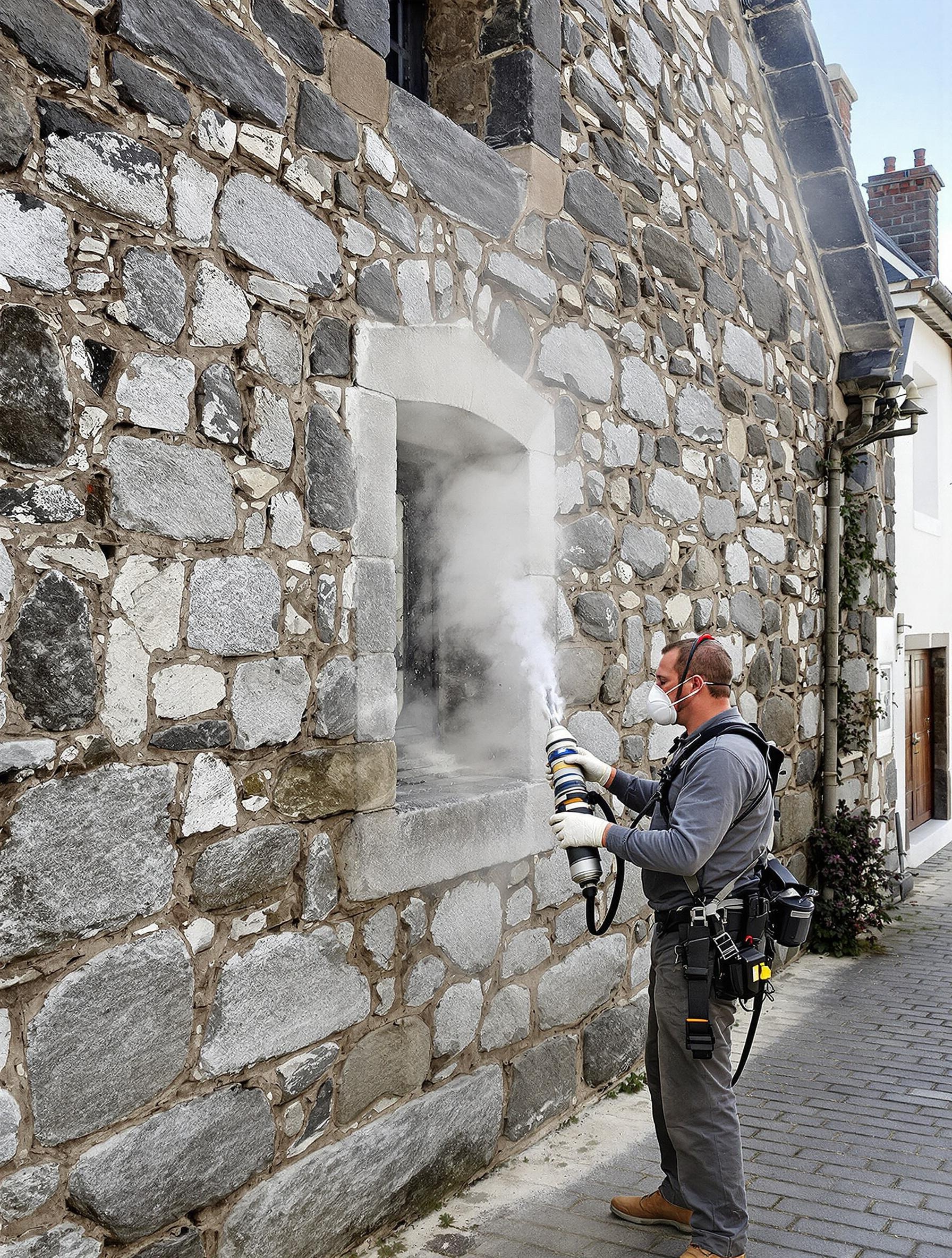 Artisan effectuant un aérogommage sur une façade en pierre ancienne
