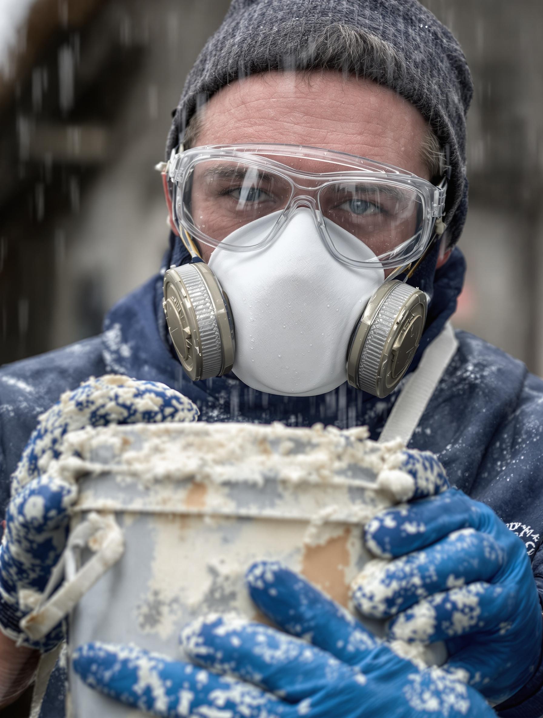 Gros plan sur un artisan portant gants nitrile, lunettes de sécurité et masque P2, manipulant un seau de chaux aérienne.