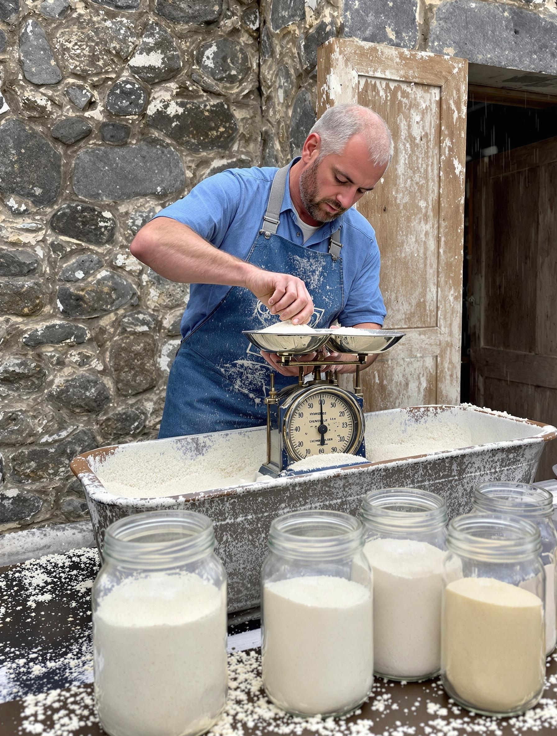 Artisan dosant la chaux aérienne et le sable devant des pots de sable variés.