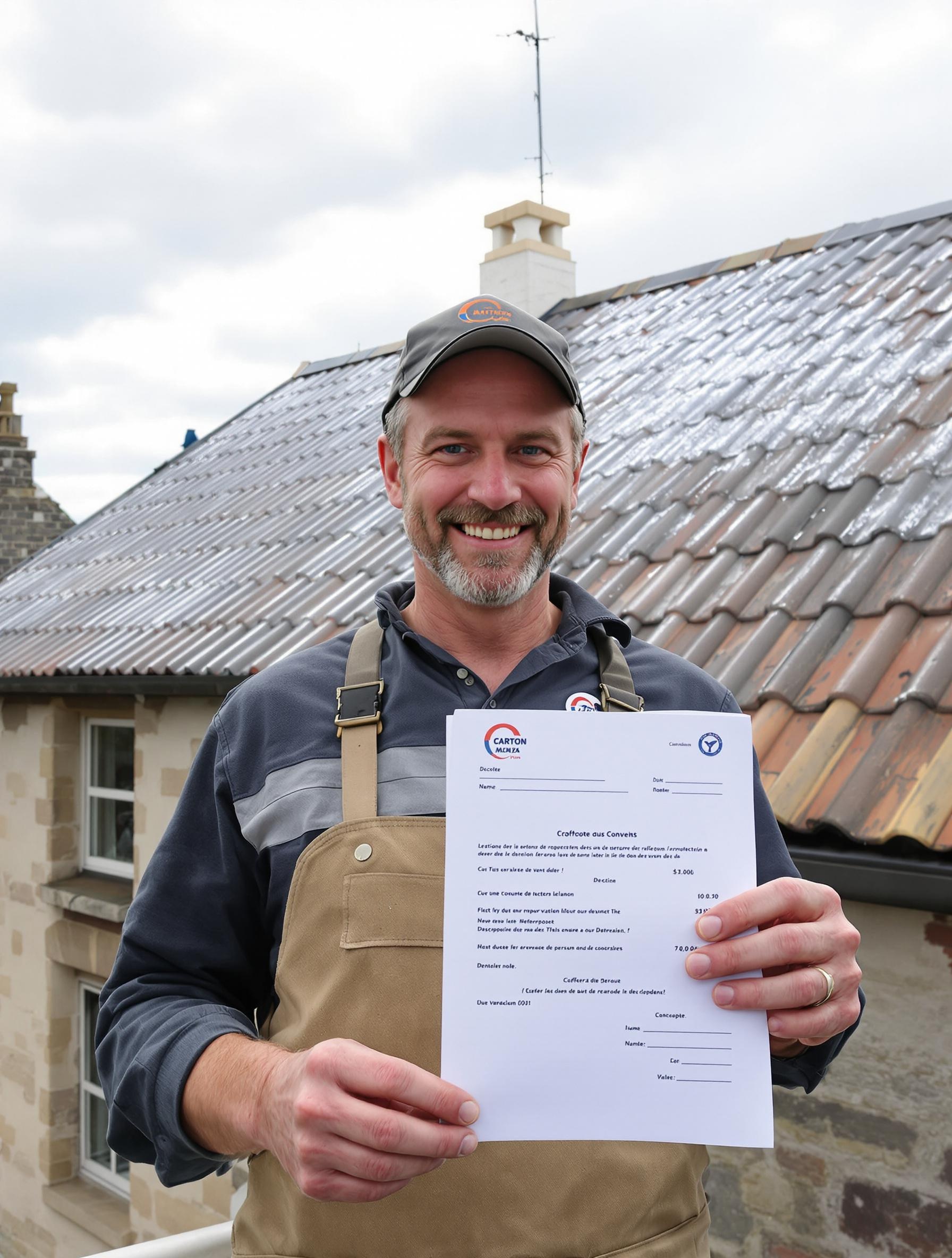 Artisan breton souriant devant une toiture fraîchement hydrofugée
