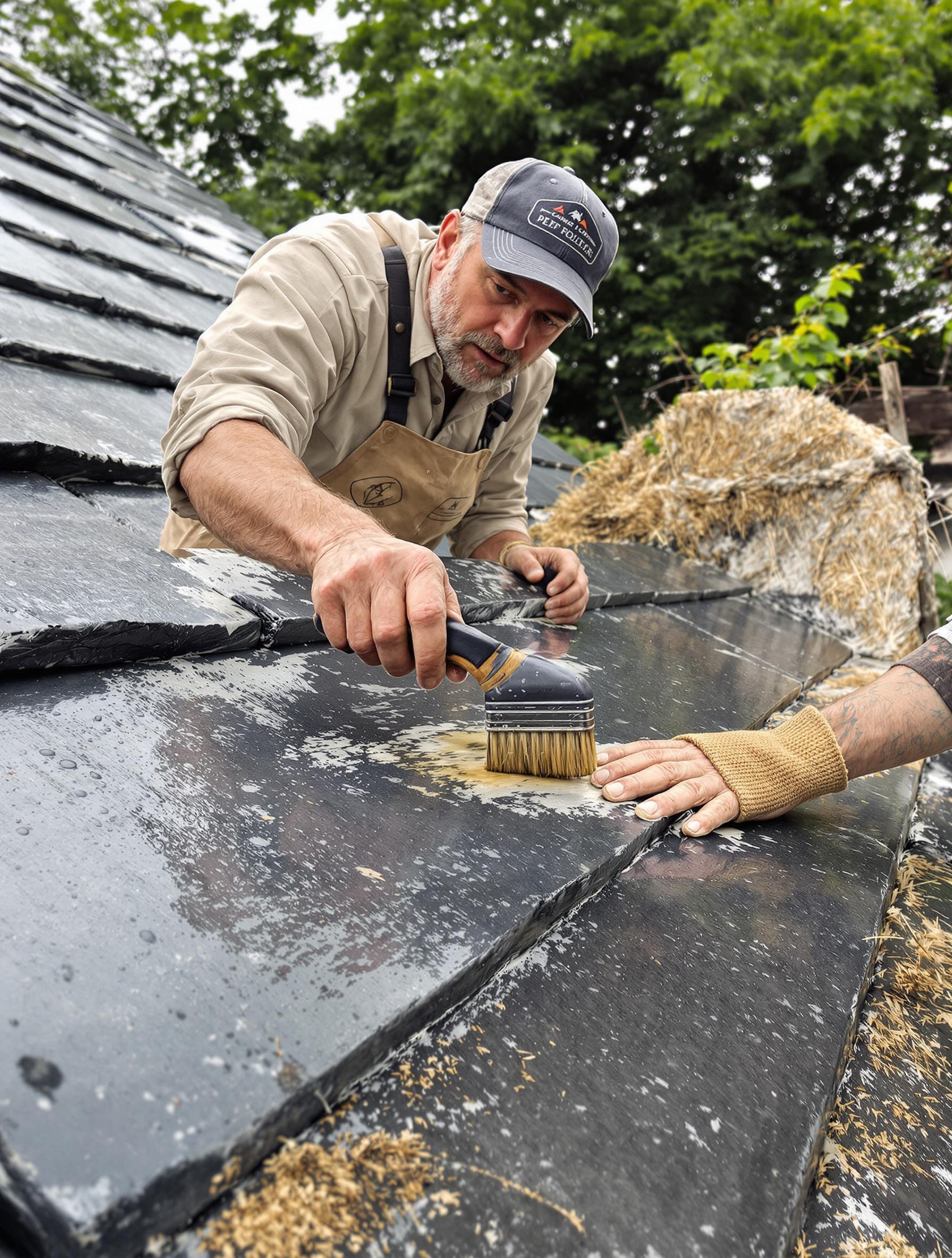 Artisan breton appliquant un hydrofuge écologique sur ardoise traditionnelle