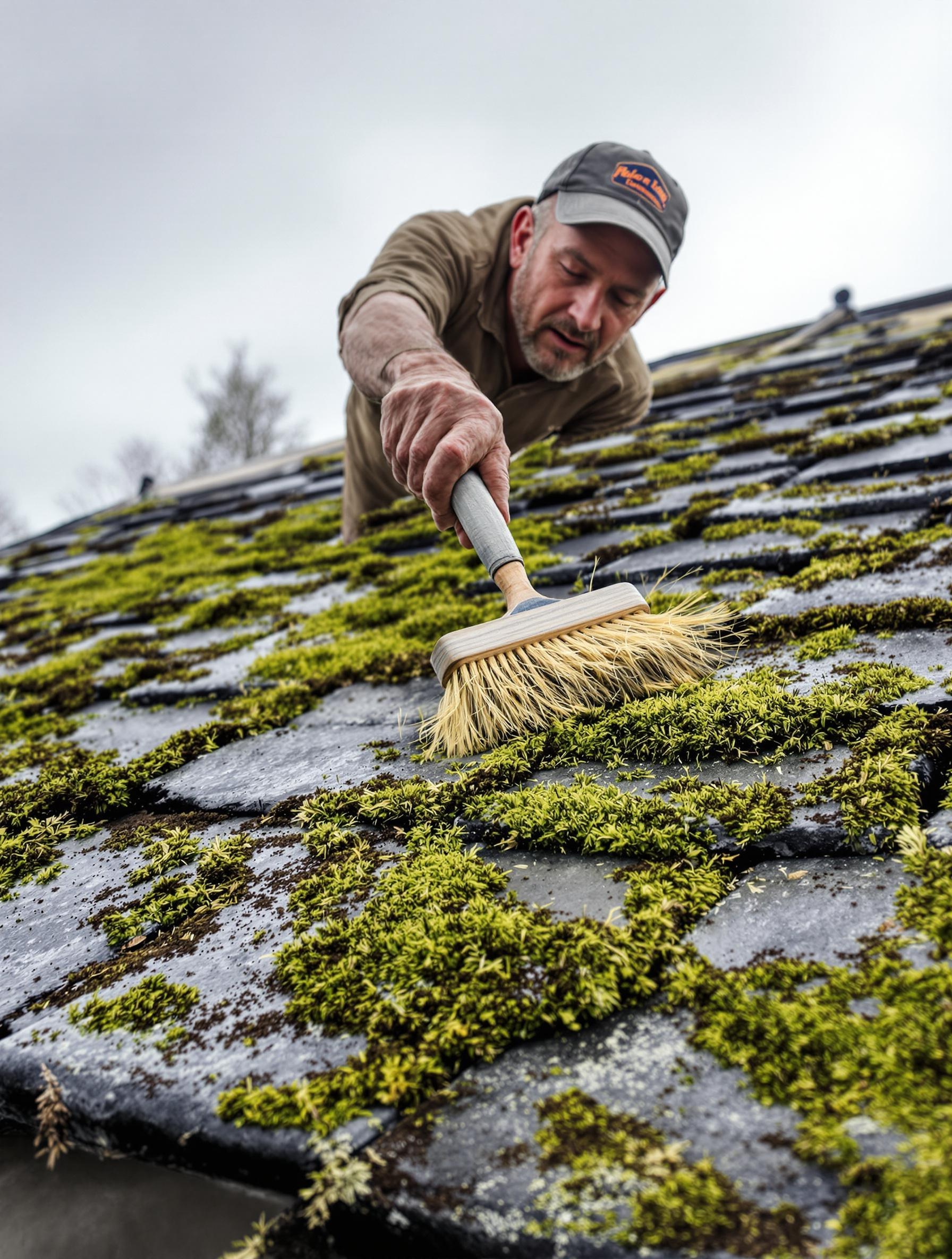 Artisan breton brossant une toiture ancienne en ardoise couverte de mousse