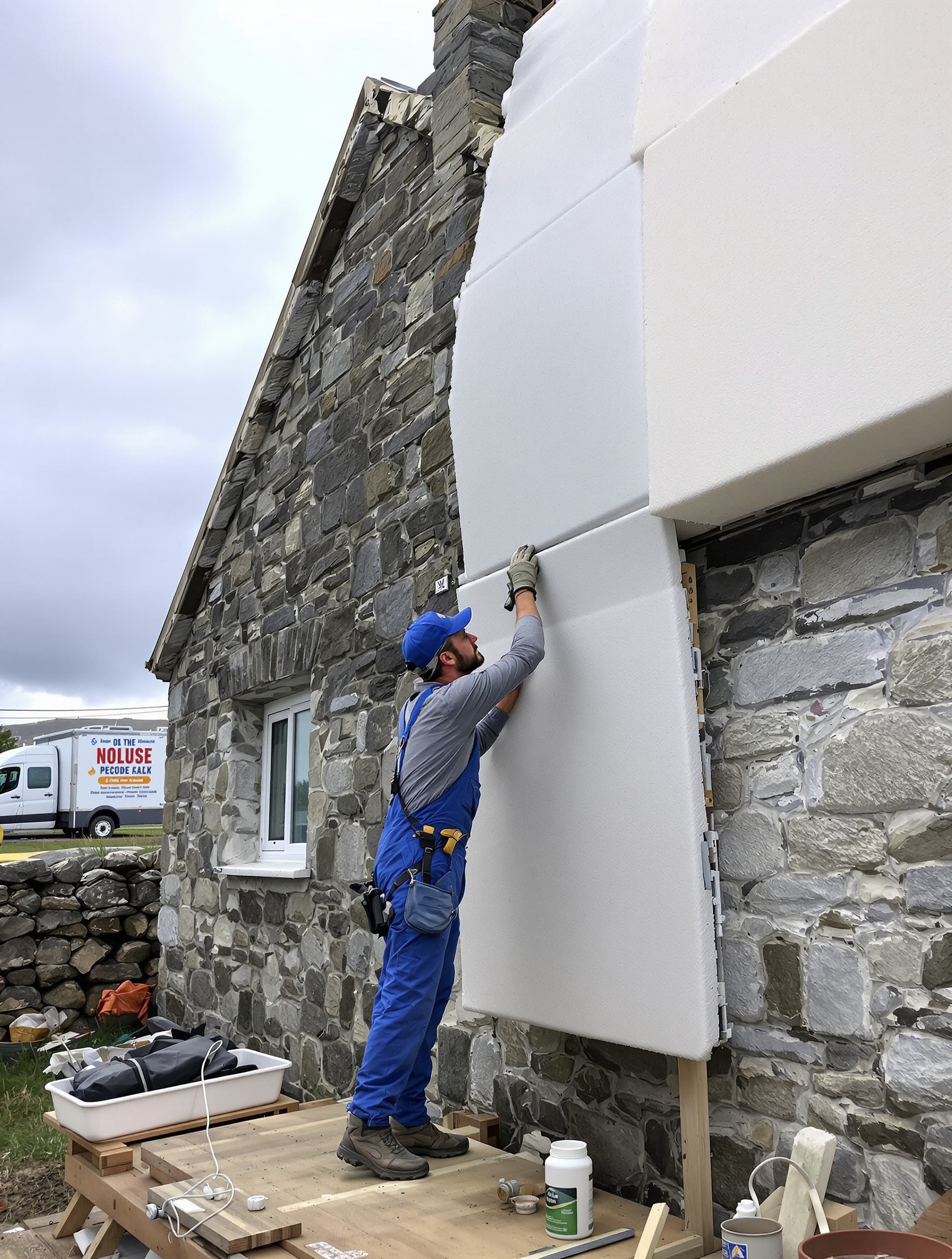 Un artisan qualifié réalisant une pose d'ITE polystyrène avec soin, illustrant le professionnalisme et la précision du geste.
