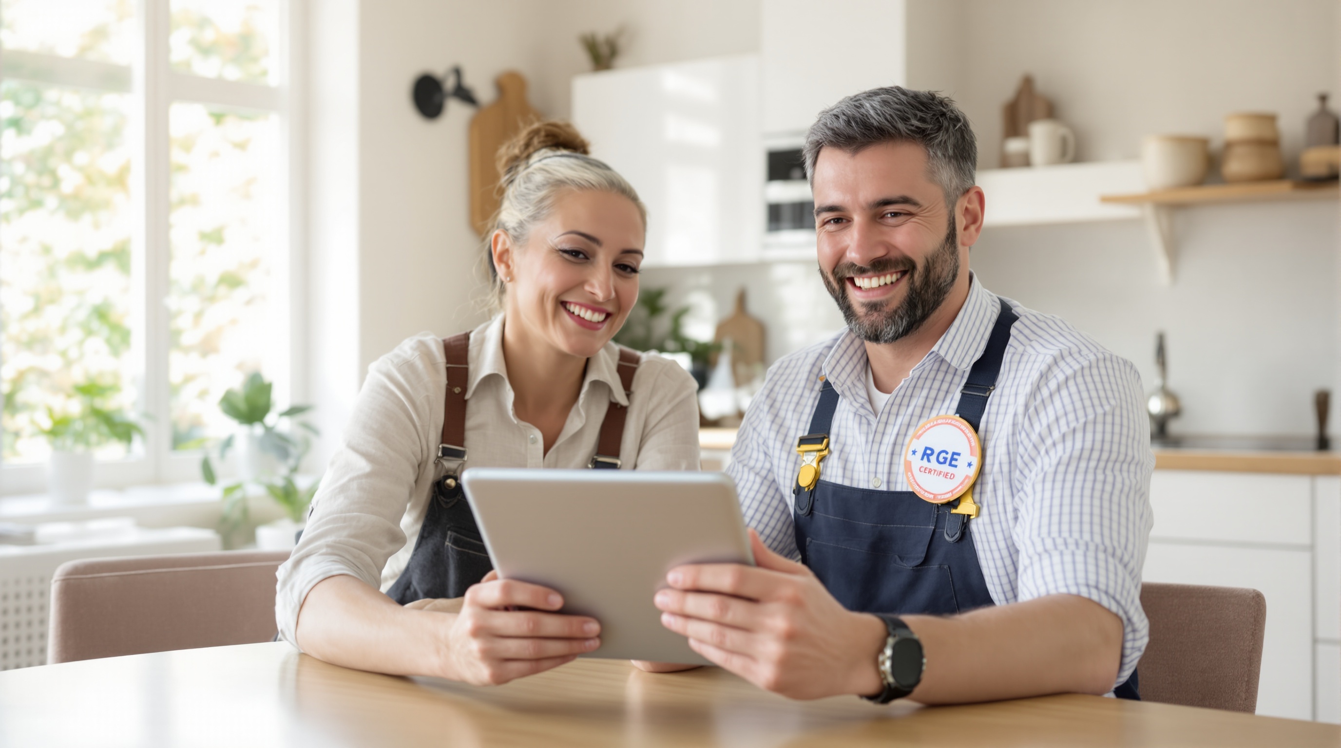 Artisan RGE présentant un devis sur une tablette à un couple, confiance et professionnalisme pour un projet de rénovation.