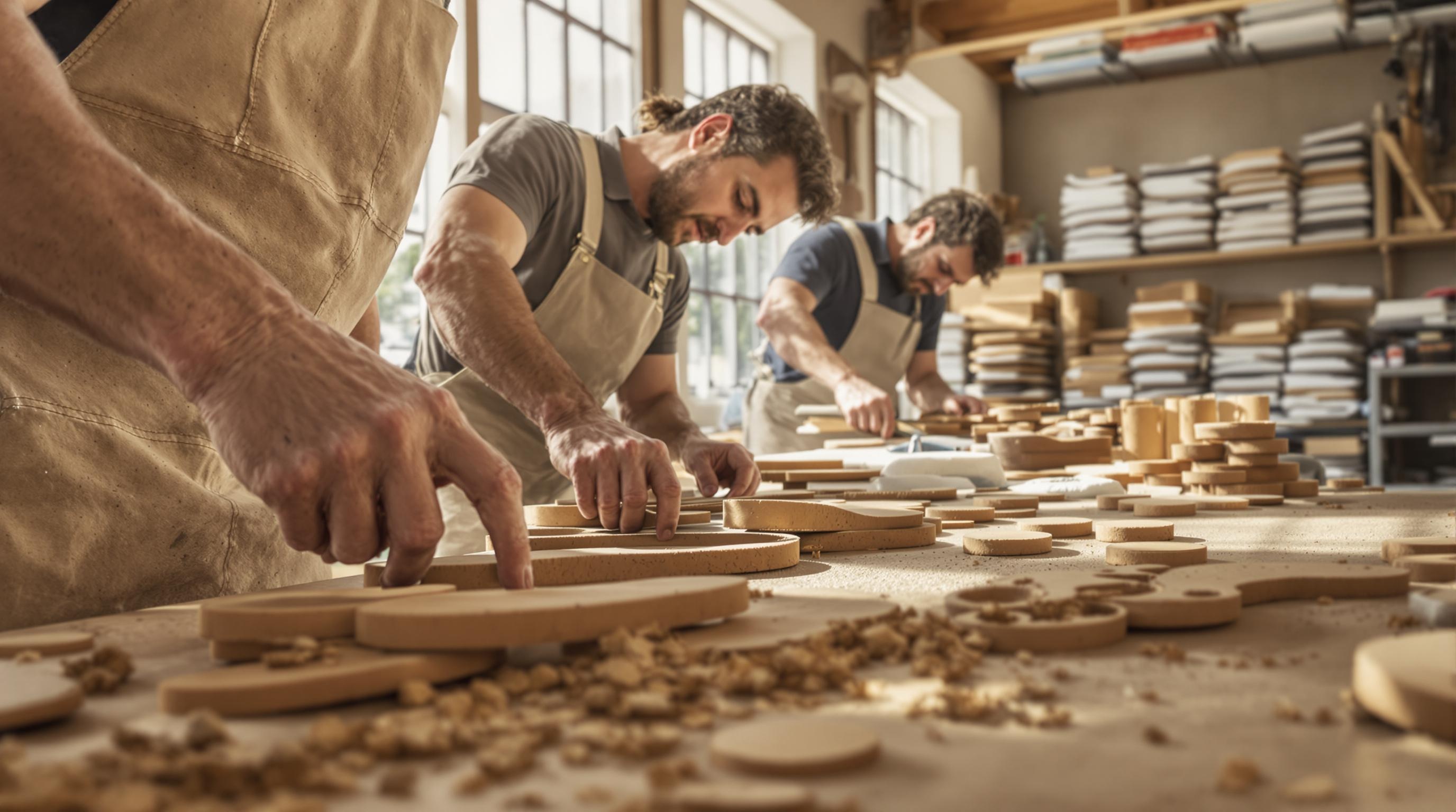 Atelier Breizh Podo : artisans travaillant sur des plaques isolantes et semelles modulaires fabriquées à partir de vieilles chaussures