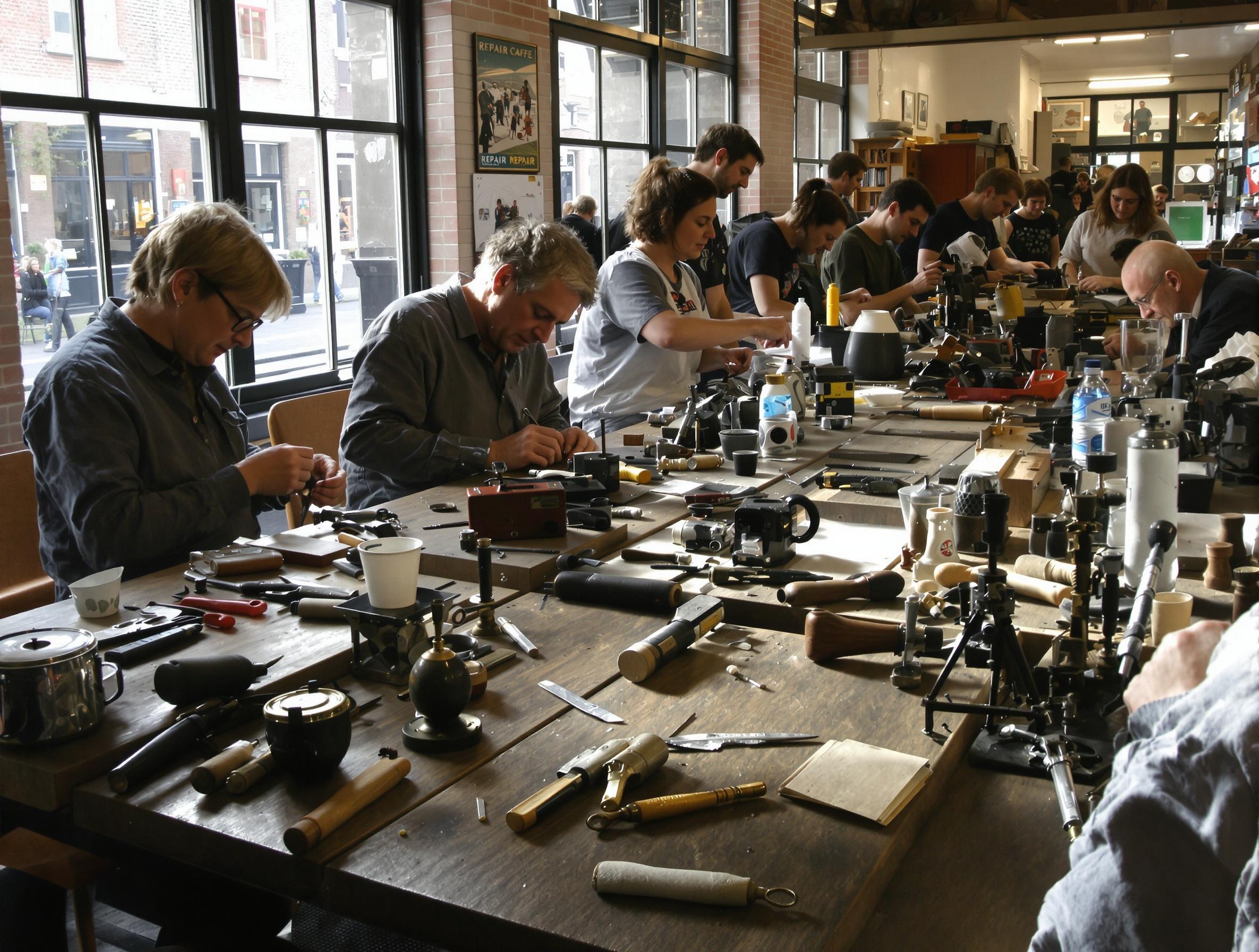 Atelier Repair Café Amsterdam 2009, ambiance conviviale avec des bénévoles et leurs outils