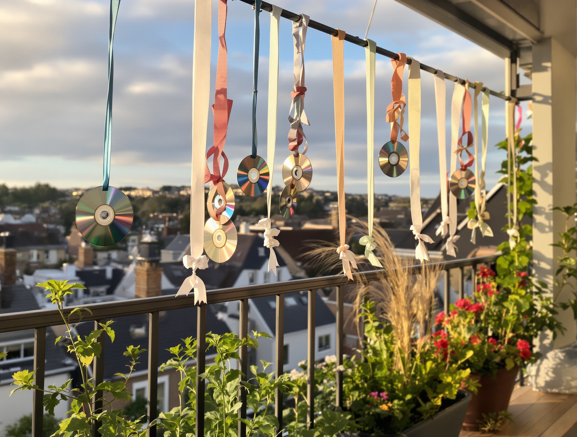 Un balcon breton paisible protégé des pigeons grâce à des objets naturels suspendus et une ambiance chaleureuse.