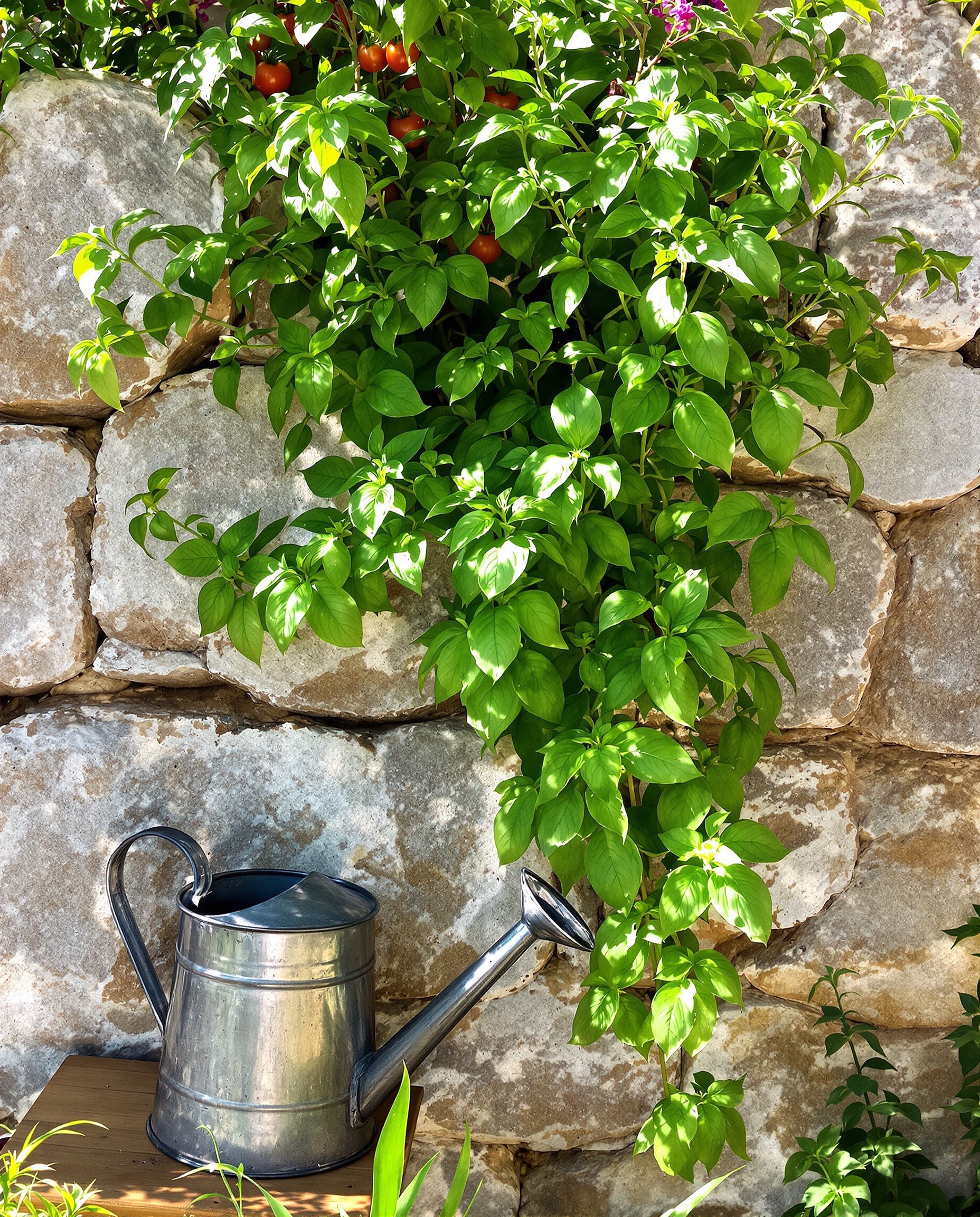 basilic sur muret pierre sèche soleil ombre arrosoir rustique breton