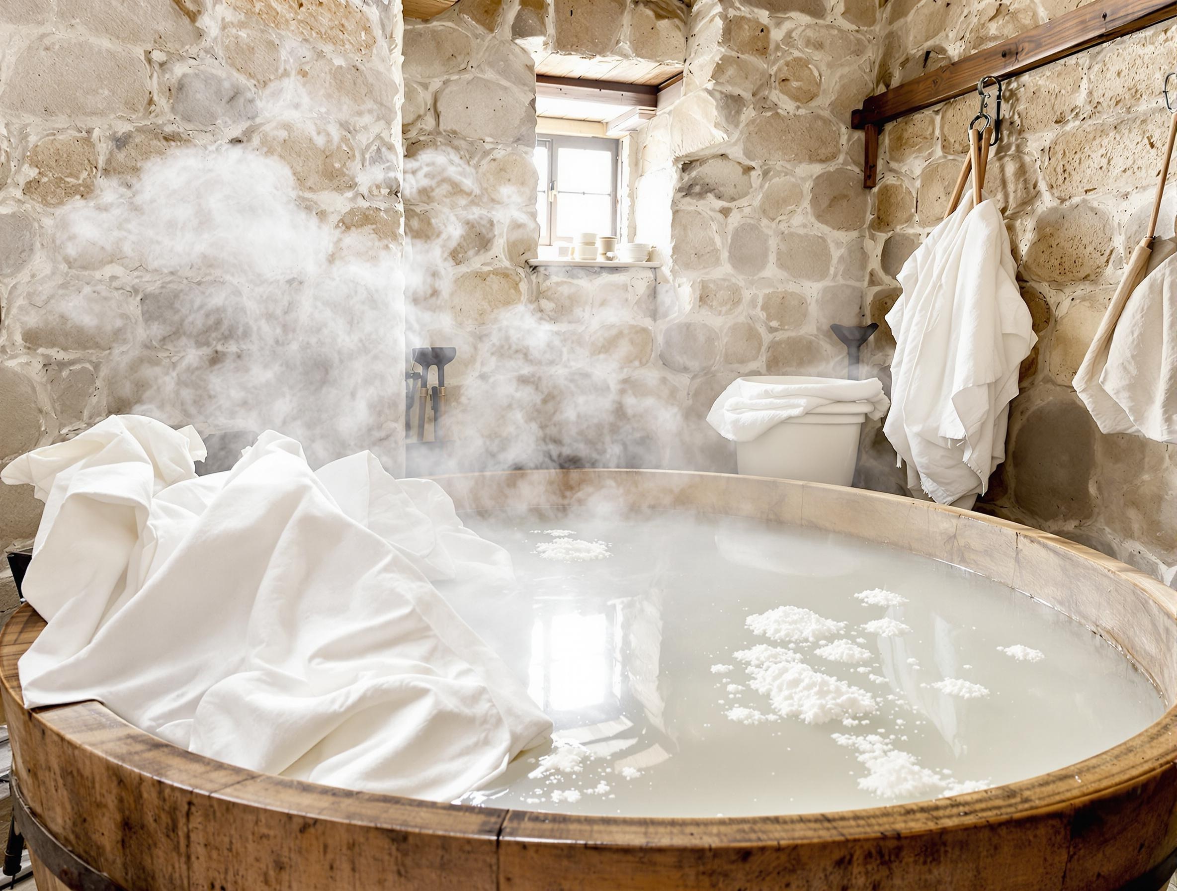 Bassin d'eau chaude, linge blanc en trempage, présence de poudre blanche (bicarbonate et percarbonate), décor rustique breton