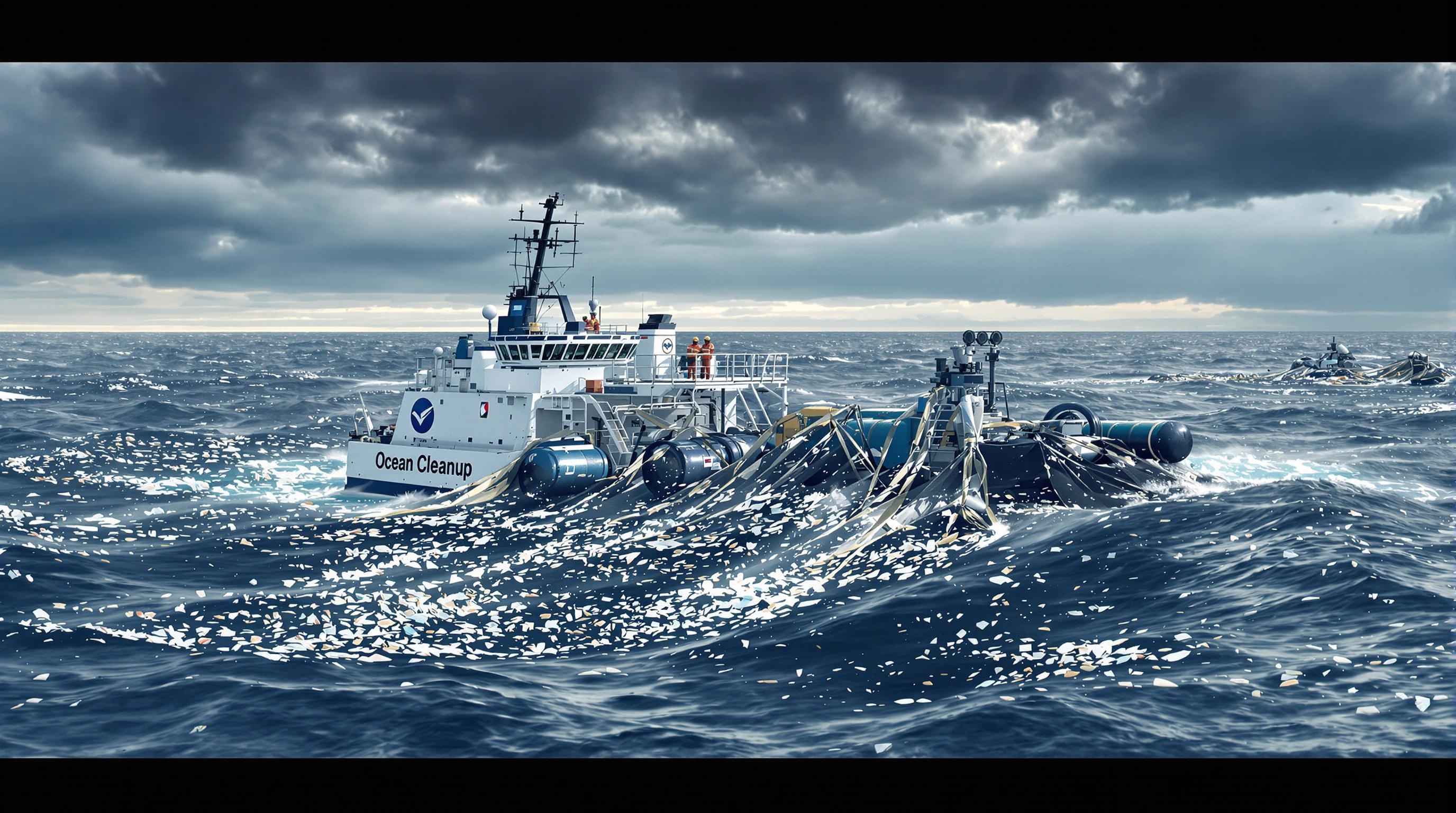 Bateau Ocean Cleanup collectant des plastiques en pleine mer.