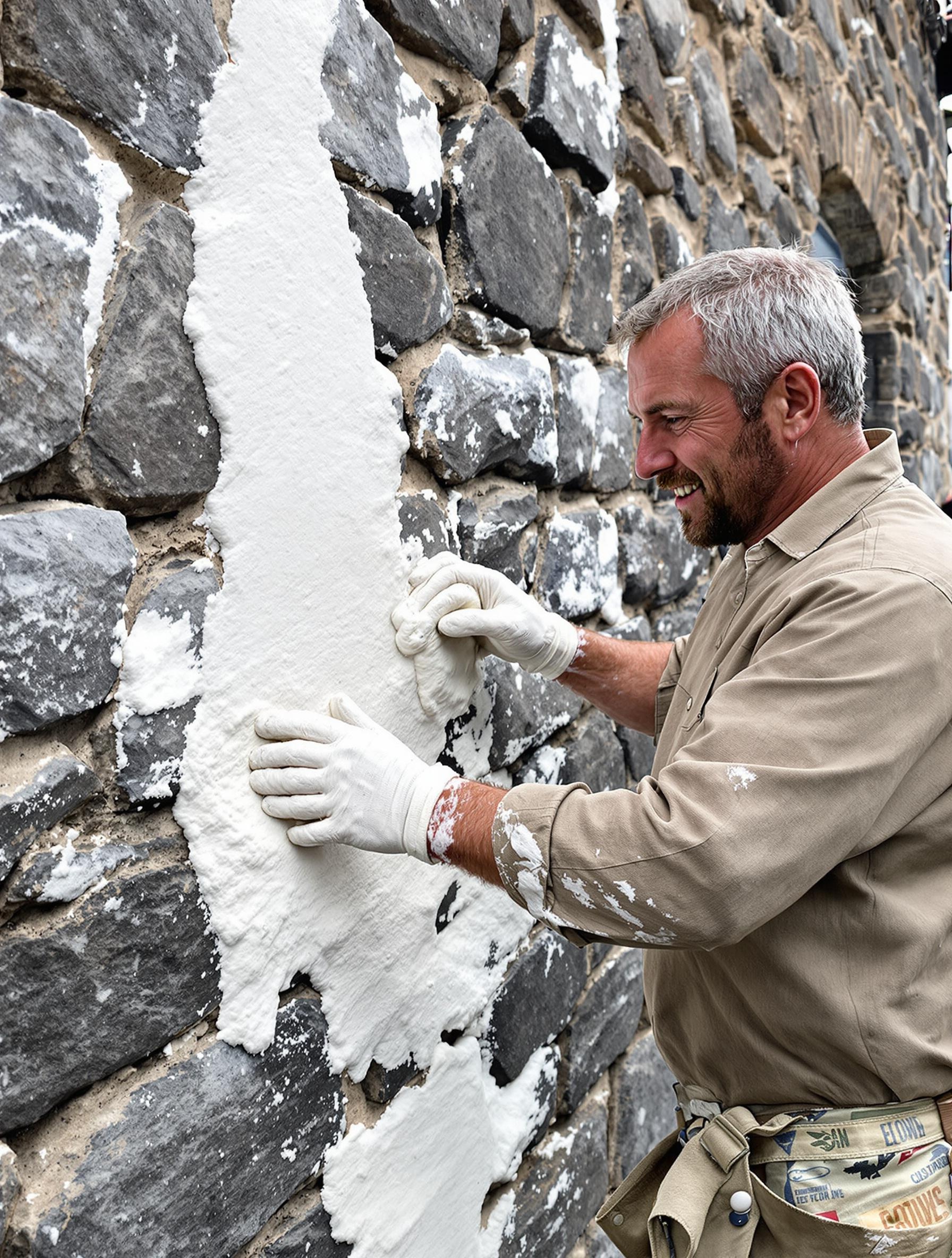Artisan breton appliquant de la chaux aérienne sur un mur en pierre.