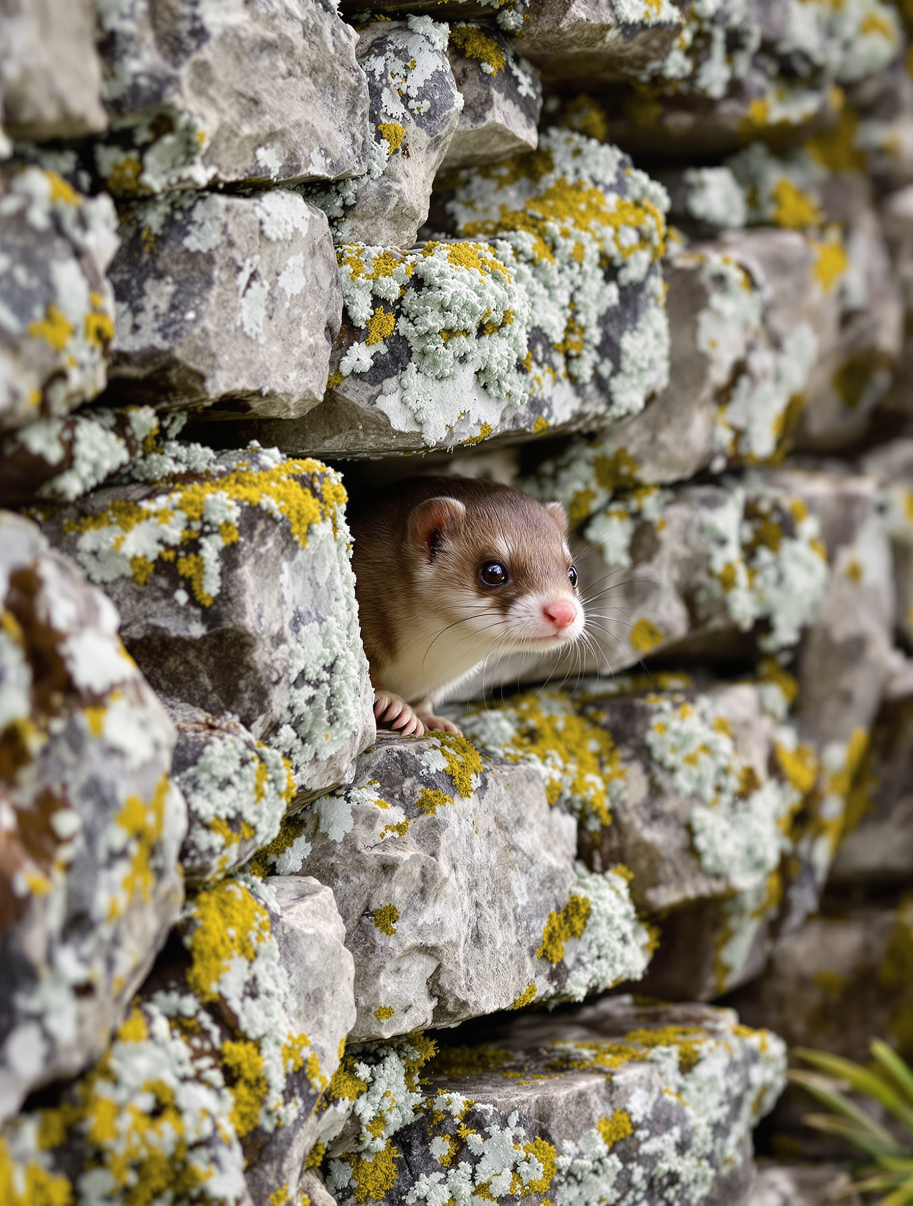 Belette Mustela nivalis sur un muret breton couvert de lichens