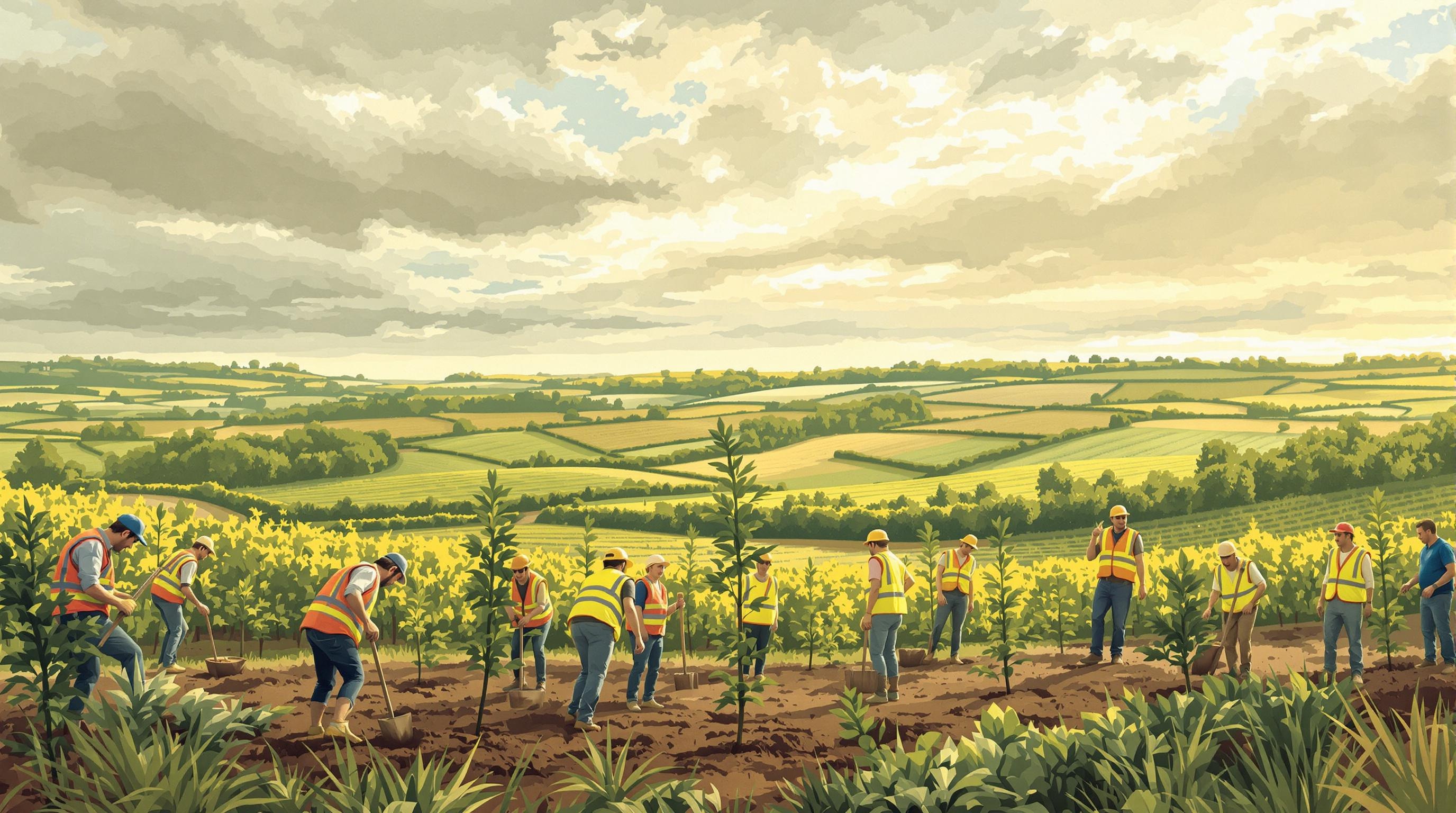 Bénévoles bretons plantant des arbres dans un bocage