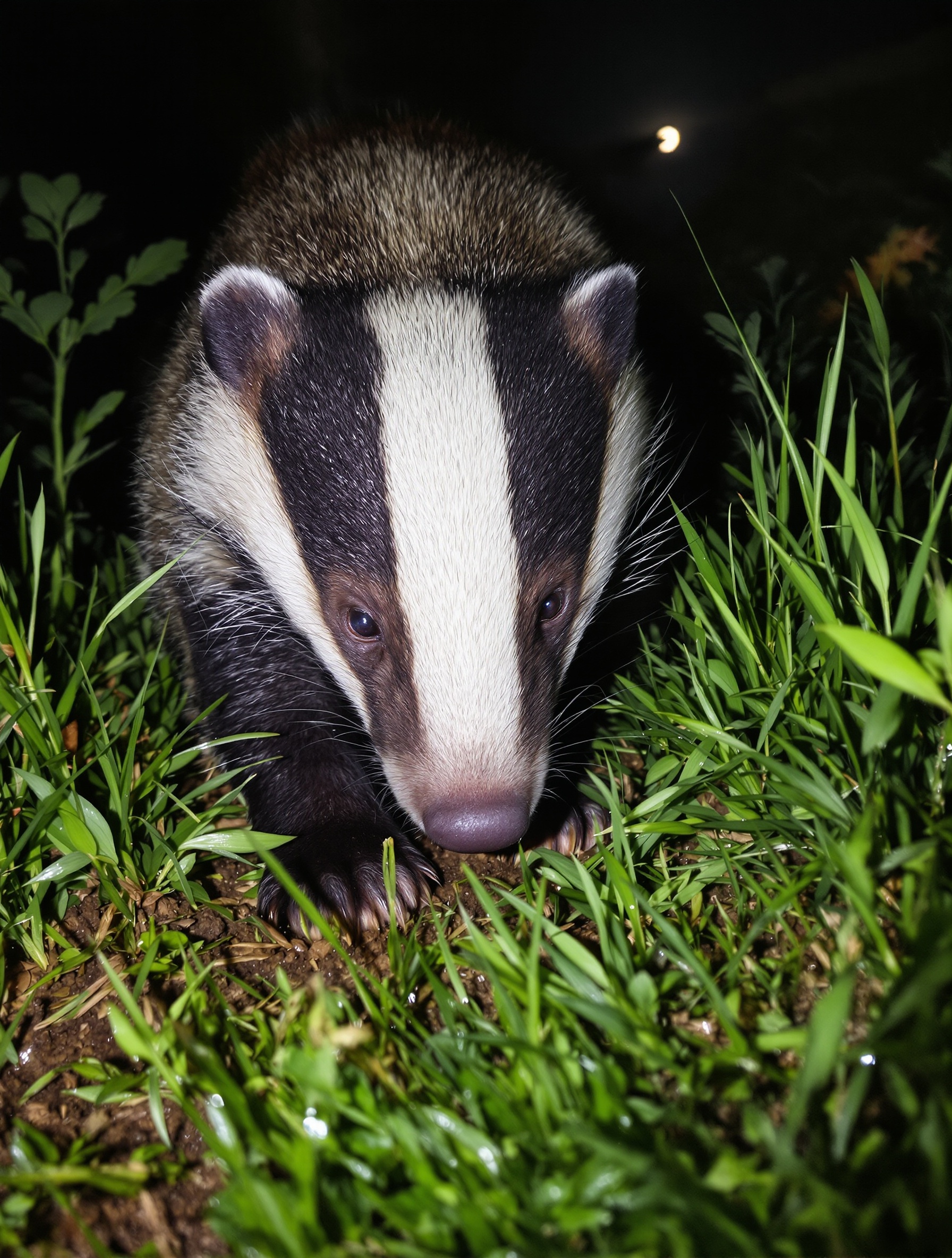 Blaireau européen fouillant le sol d’un jardin breton la nuit