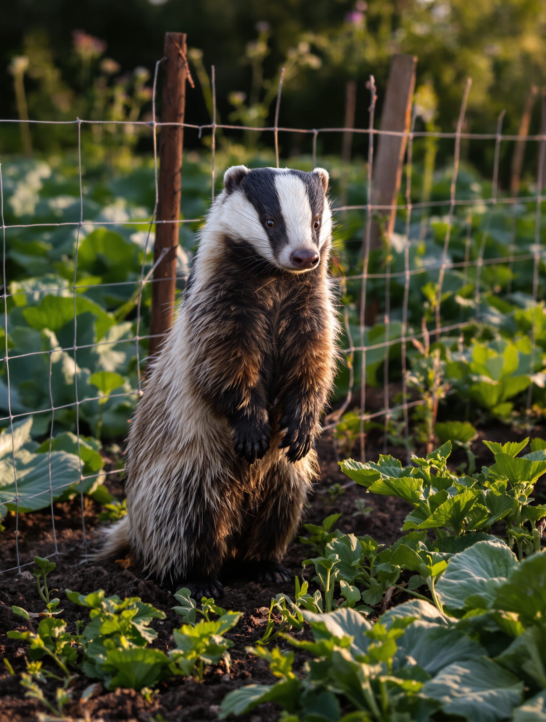 Blaireau européen cohabitant paisiblement à la limite d’un potager protégé dans un jardin breton