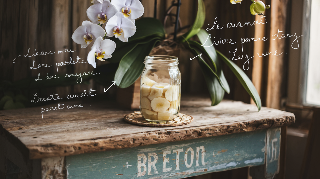bocal d'eau de banane maison sur table rustique avec orchidée en arrière-plan