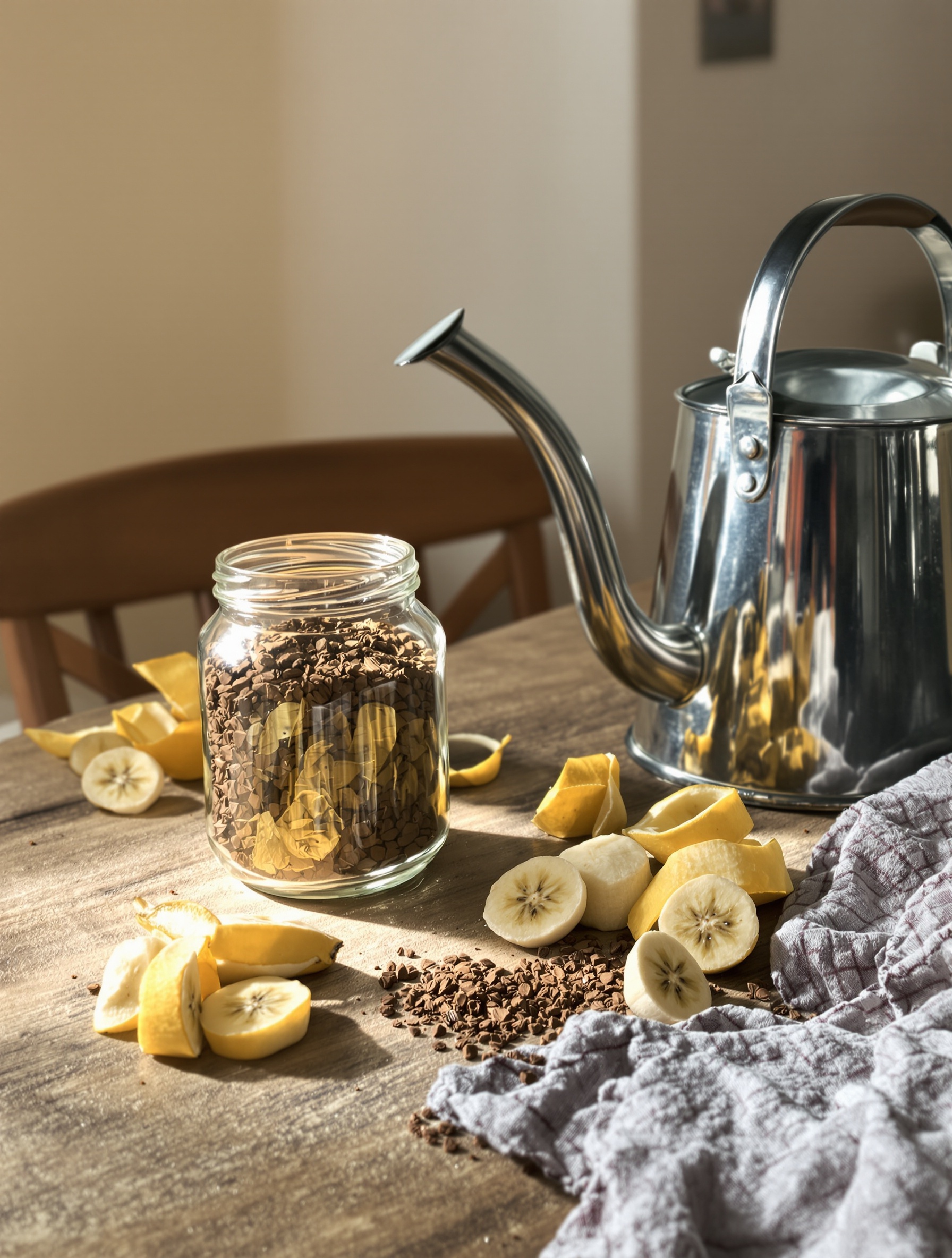 Recettes naturelles : marc de café, eau de cuisson et peau de banane sur table bretonne