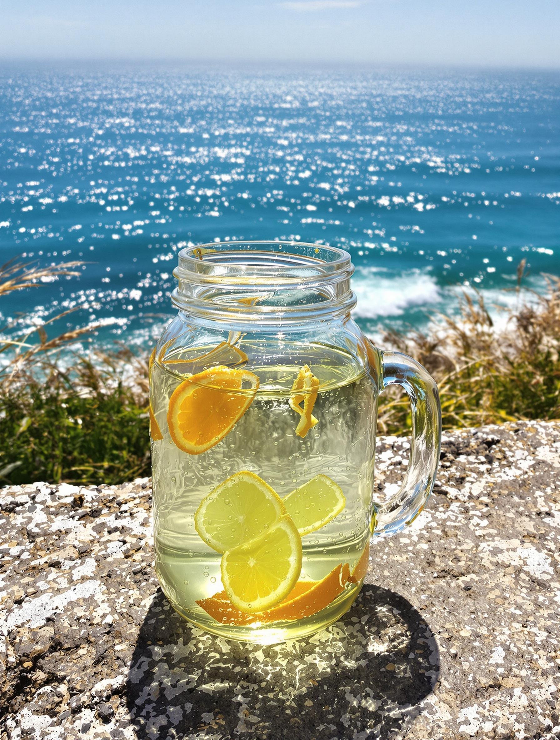 Bocal breton de vinaigre aux agrumes sur muret face à la mer et vent