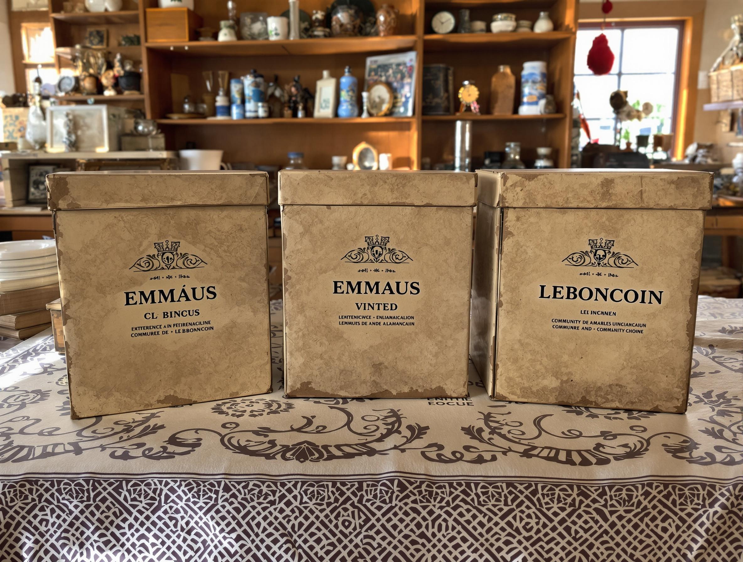Boîtes à chaussures labellisées Emmaüs, Vinted et Leboncoin dans une ressourcerie bretonne