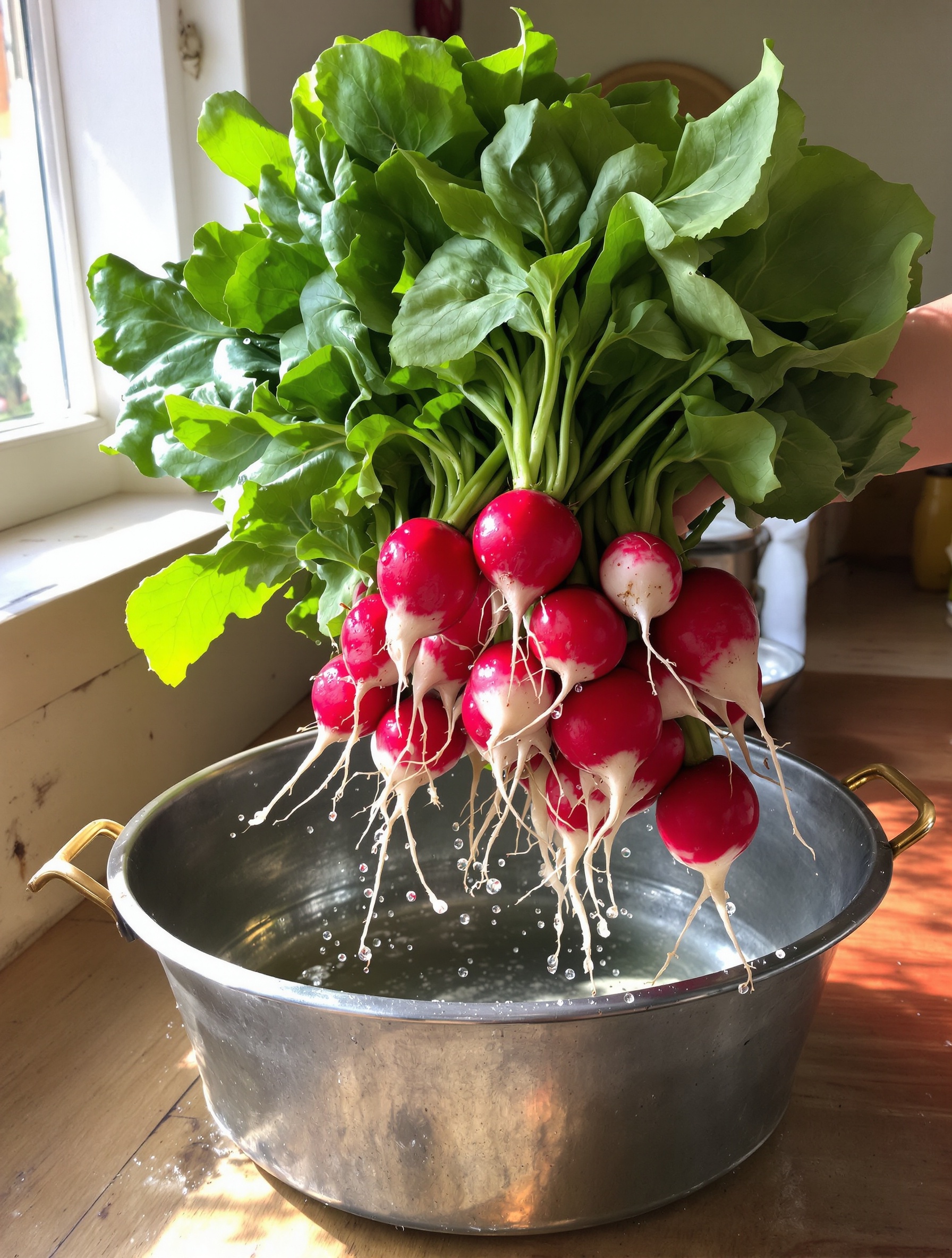 Fanes fraîches de radis lavées dans une bassine en zinc, cuisine rustique