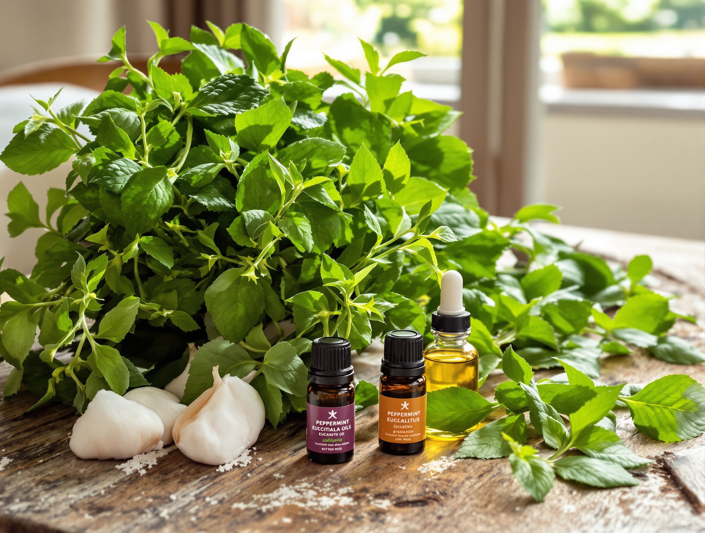 Plantes répulsives et huiles essentielles sur table rustique en Bretagne
