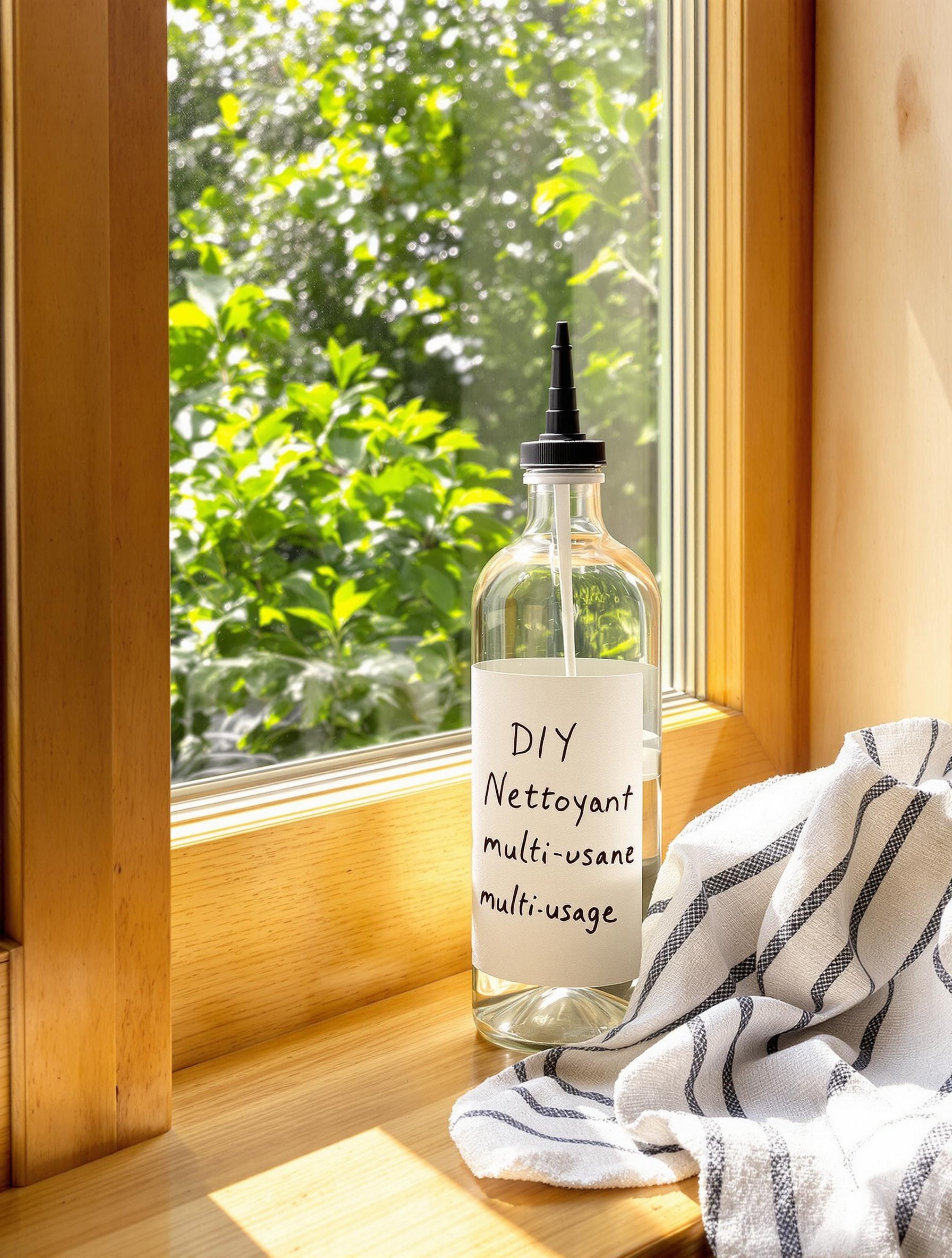 Bouteille DIY étiquetée Nettoyant multi-usage posée sur un rebord breton ensoleillé