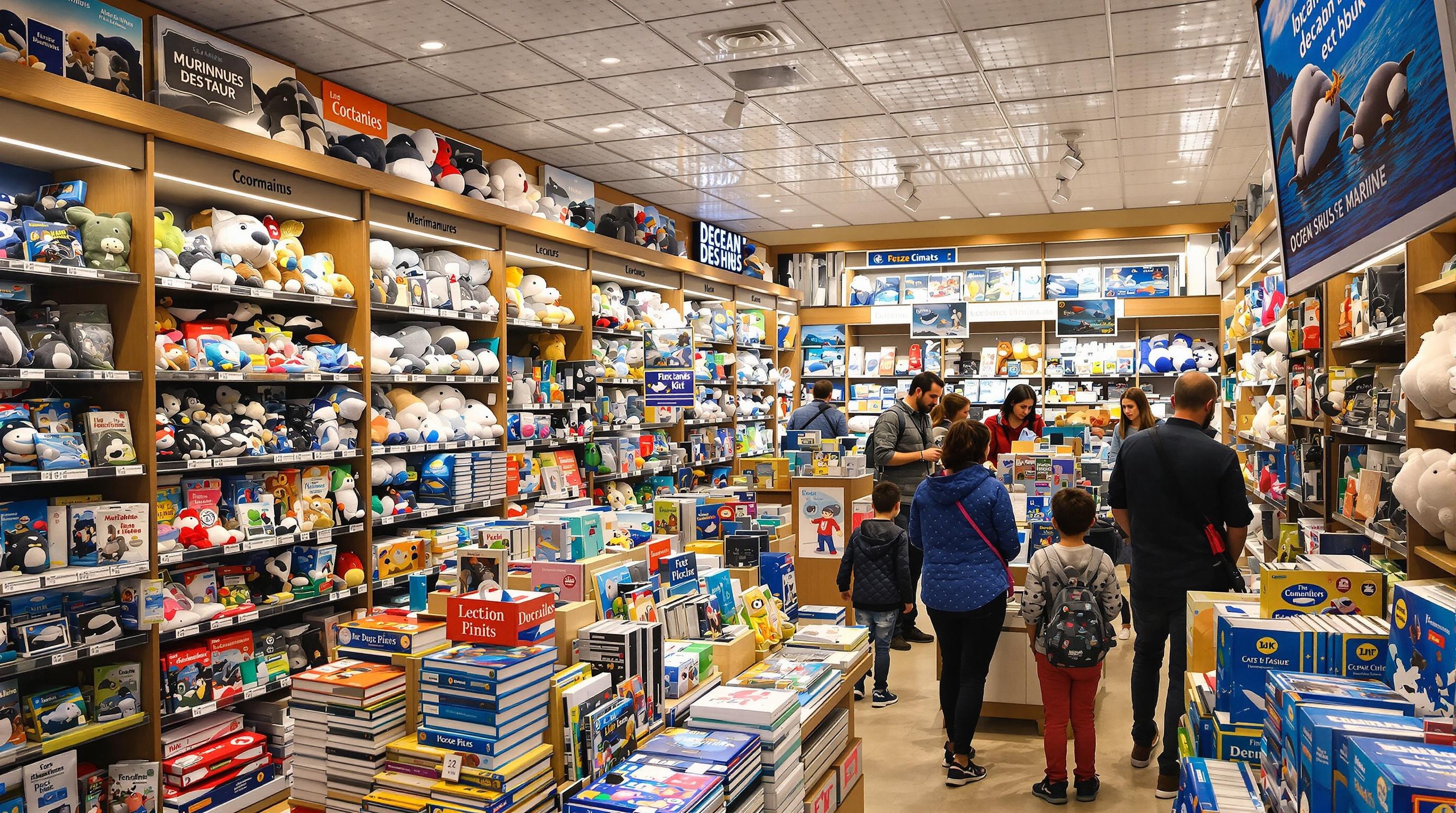 Boutique souvenirs d'Océanopolis avec peluches, coffrets et livres spécialisés