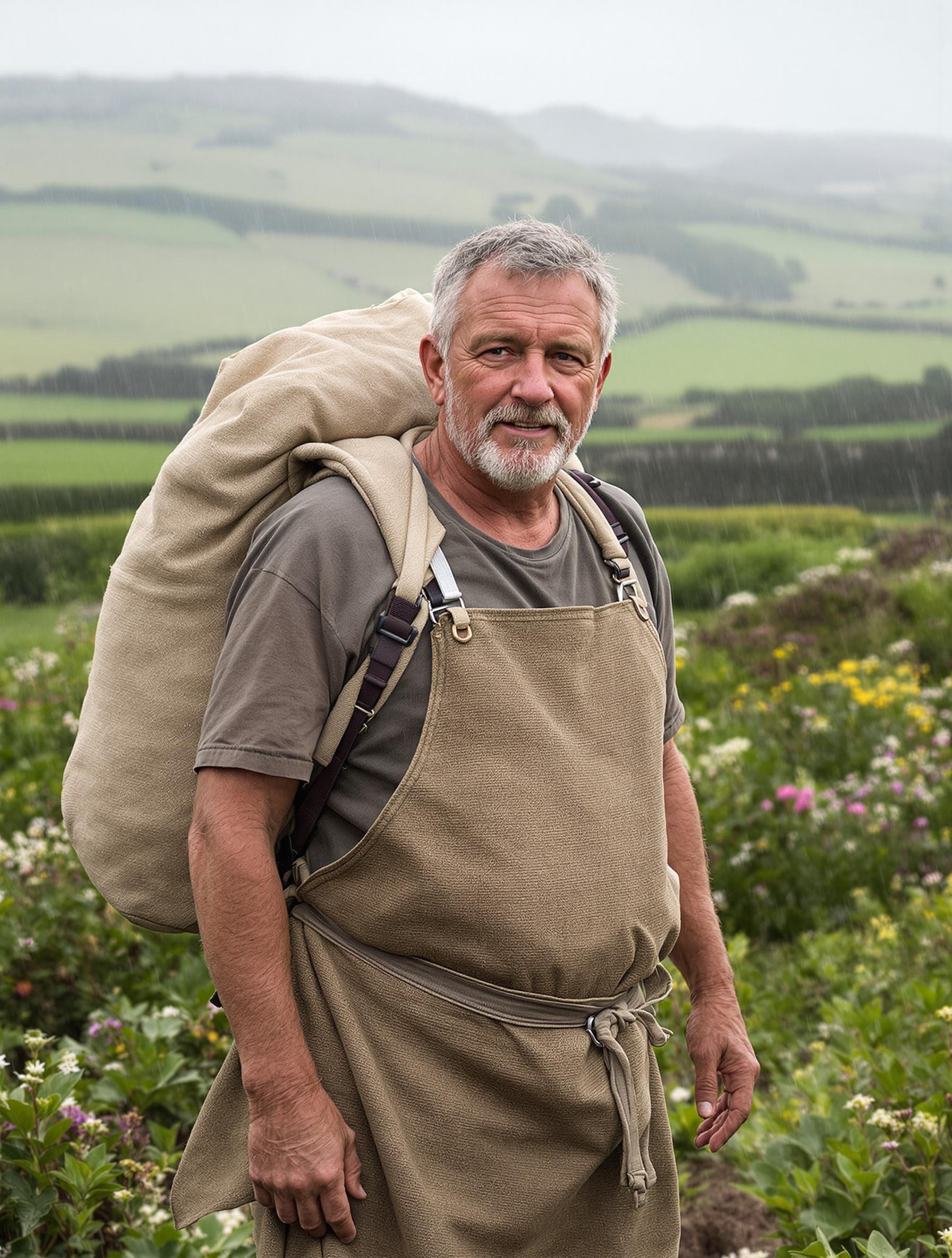 Glaneur breton sous le crachin, portant un tablier en chanvre et un sac écologique