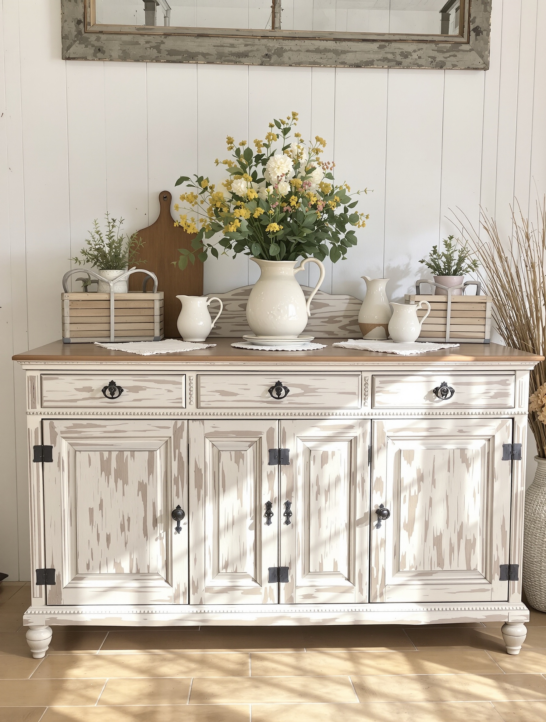 buffet bois patiné blanc style shabby chic breton