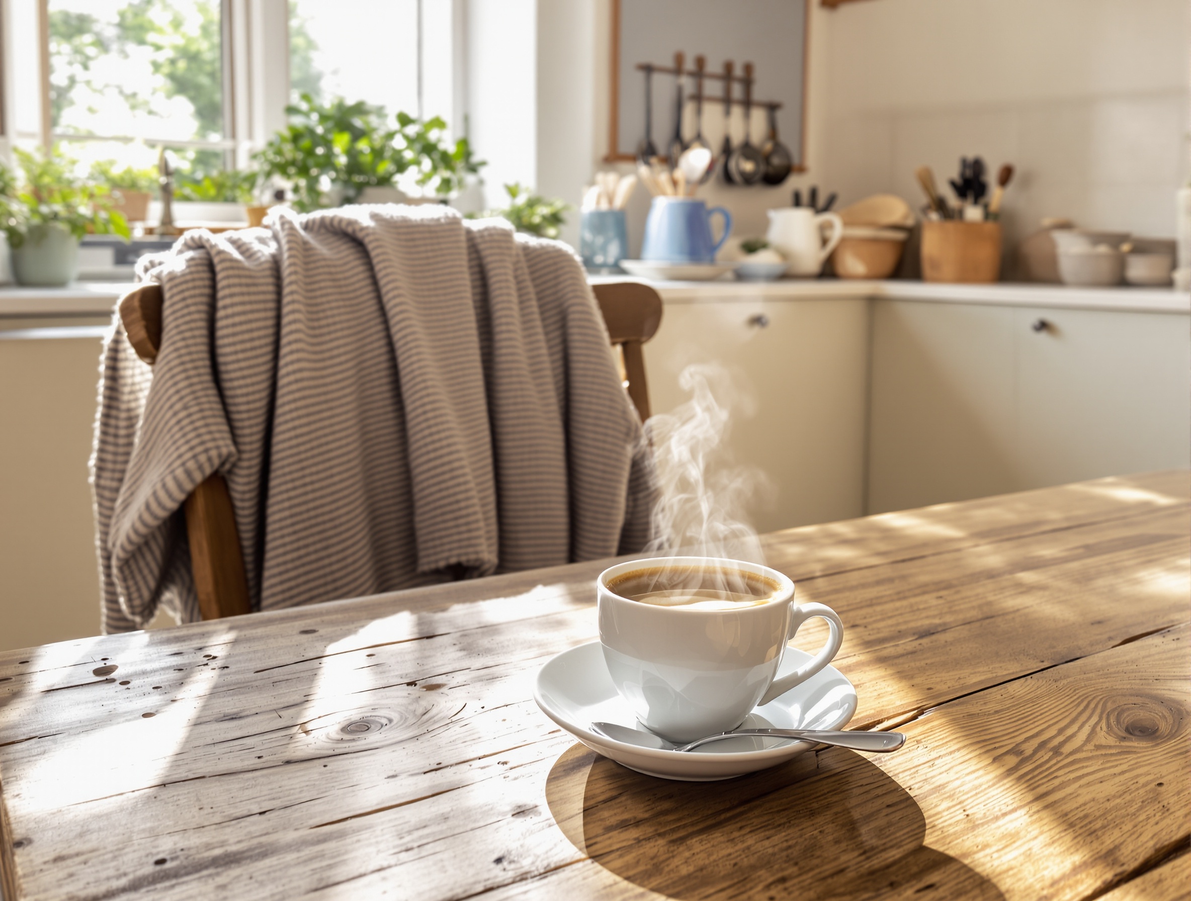 Café fumant sur une table en bois dans une cuisine bretonne rénovée, ambiance chaleureuse.