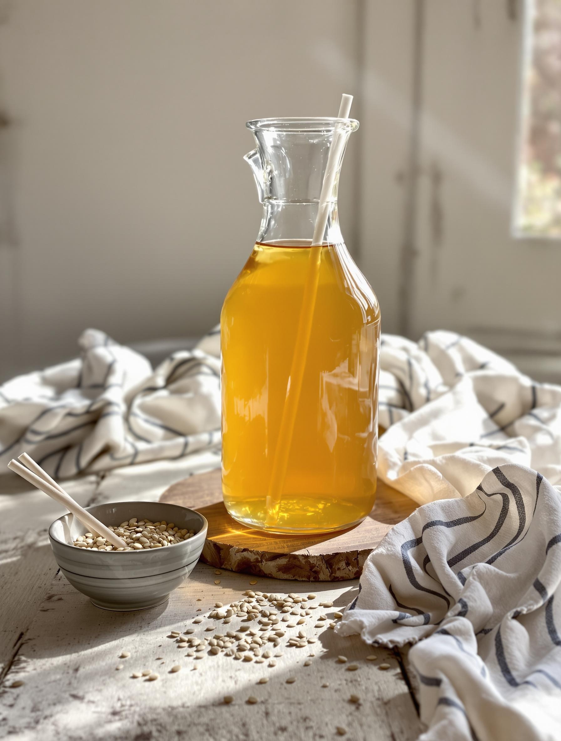 Carafe de kombucha maison avec graines de lin, paille et torchon breton