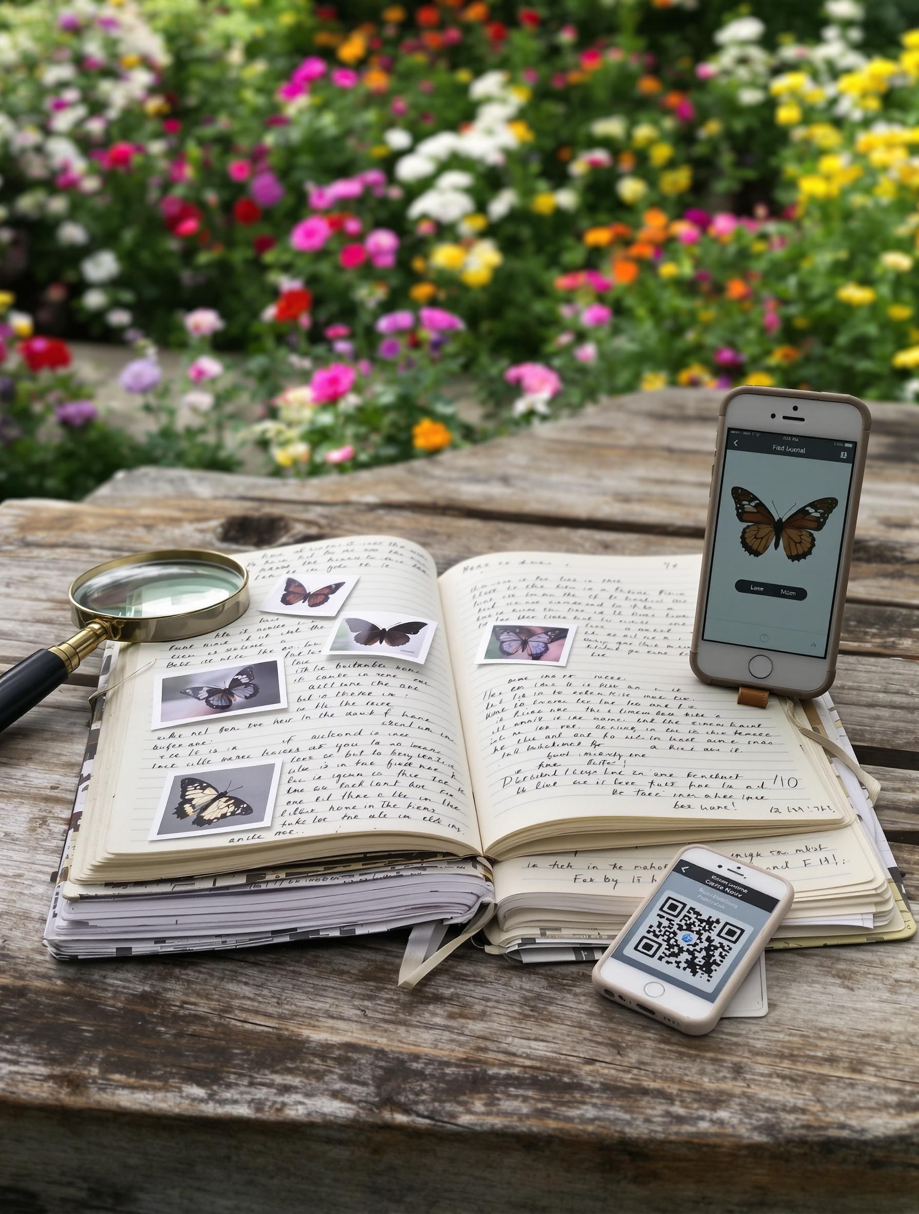 Carnet de bord d'observation de papillons en Bretagne sur table en bois avec smartphone et loupe
