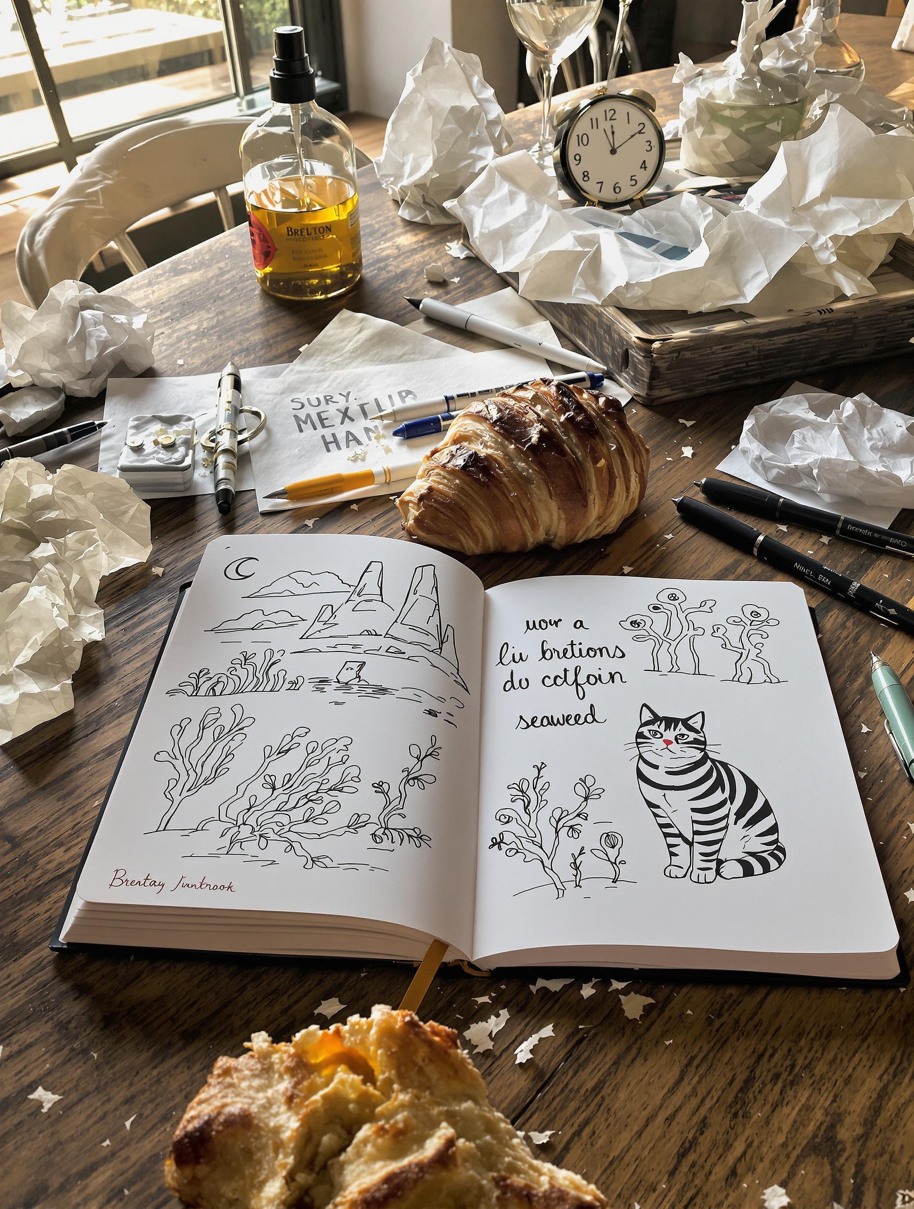 Carnet manuscrit breton avec dessins de menhir, algues, chat, vaporisateur et kouign-amann