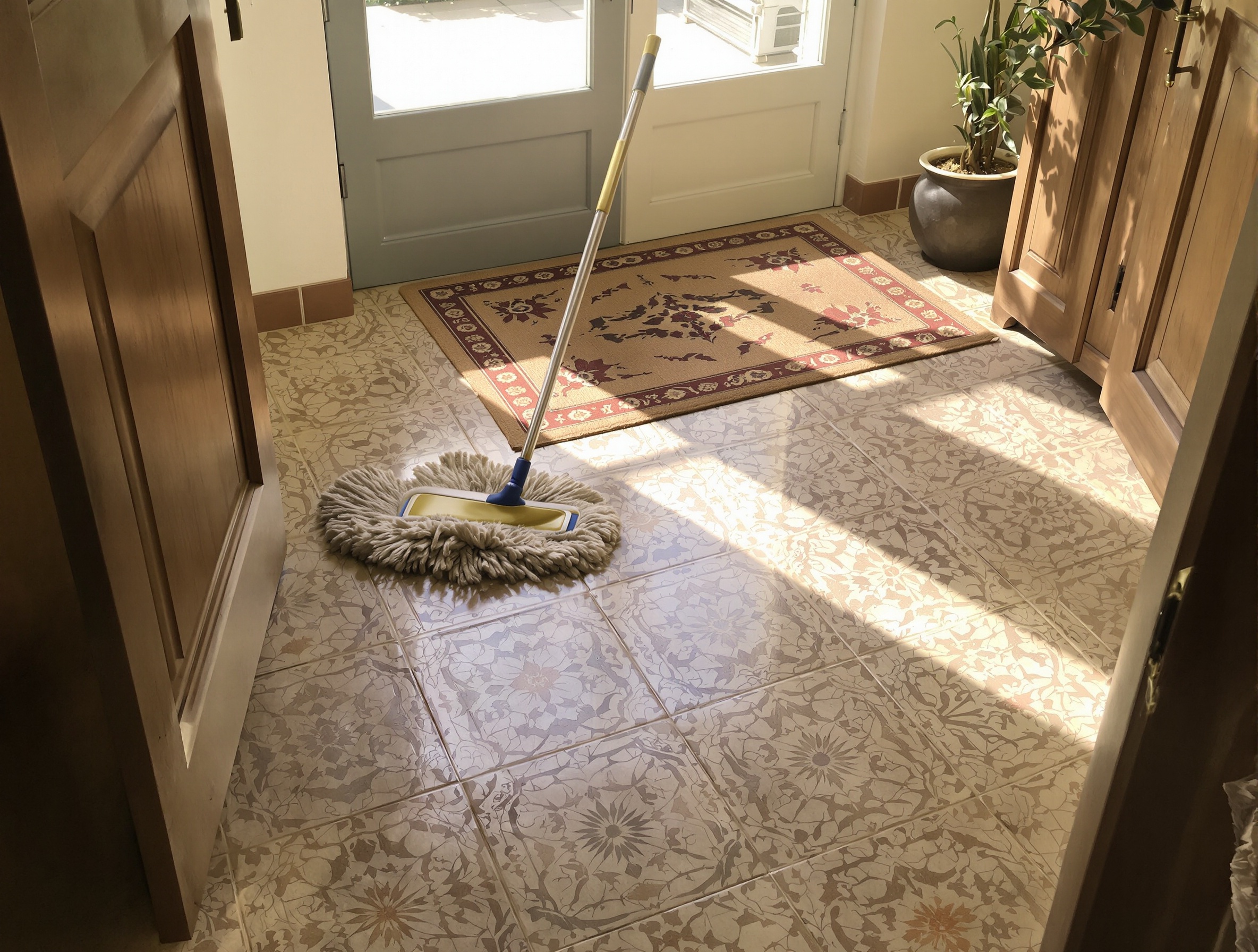 Carrelage breton naturel avec paillassons rustiques et serpillière microfibre