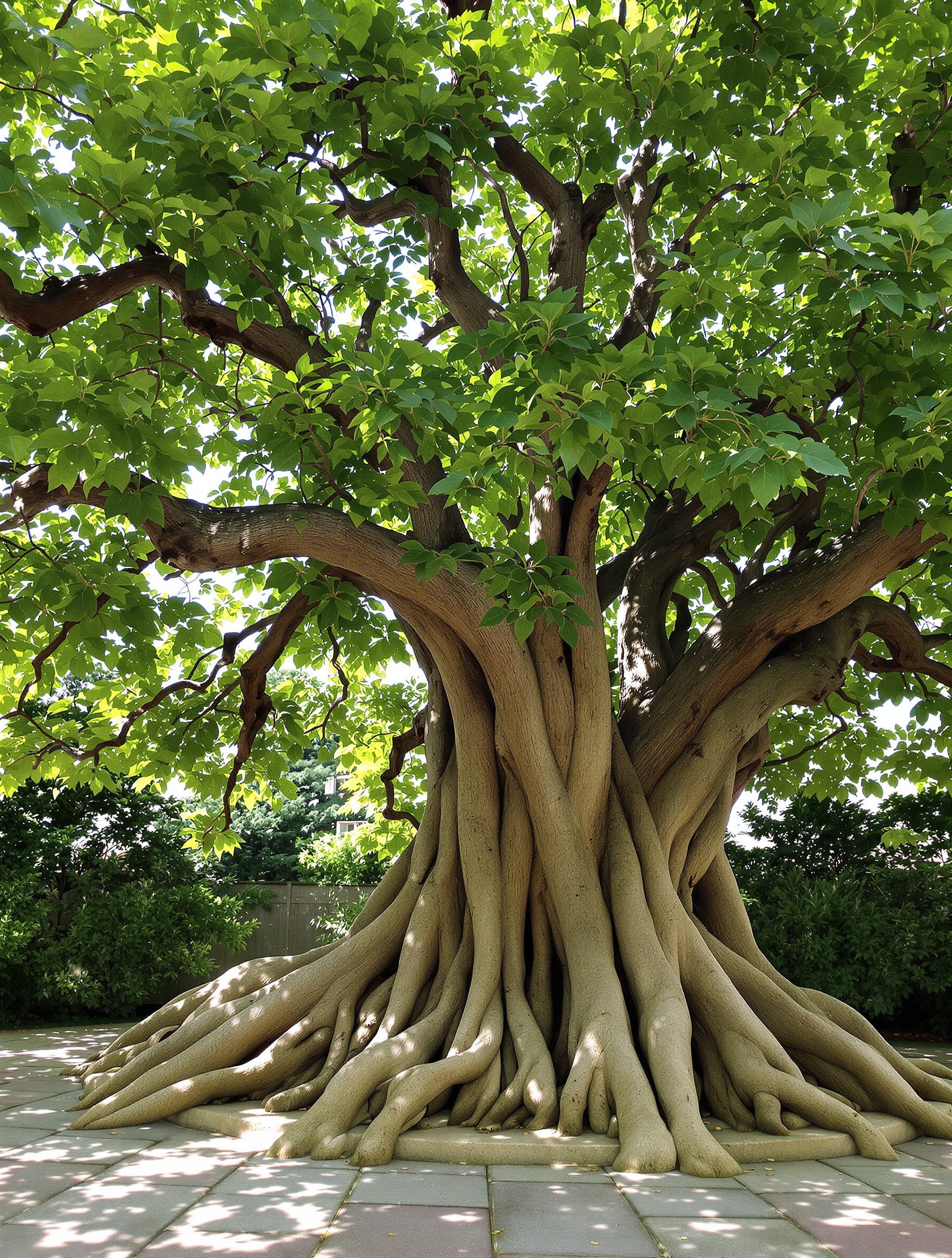Catalpa majestueux sur terrasse bretonne, racines affleurantes