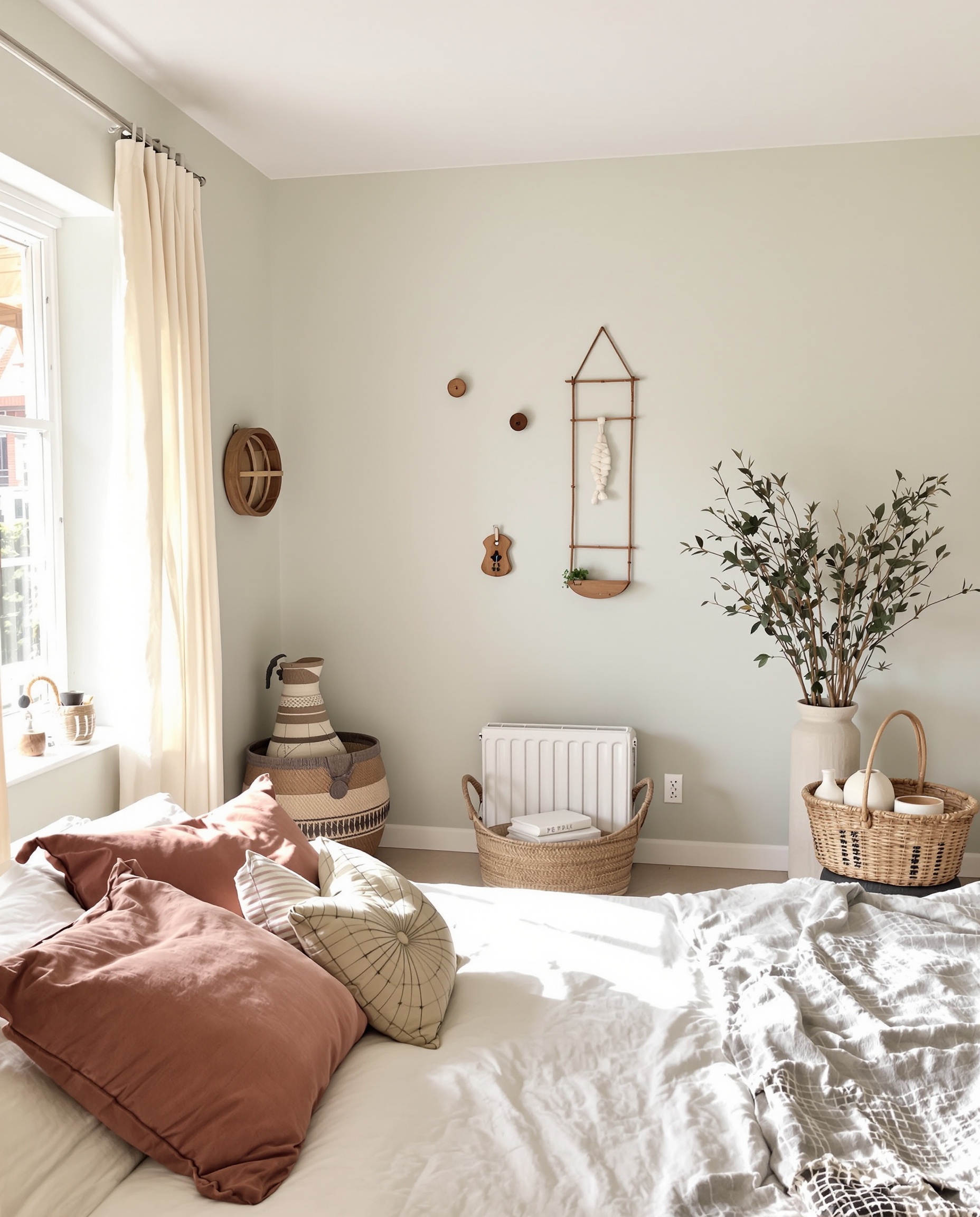 Chambre lumineuse Bretagne vert amande gris perle terracotta