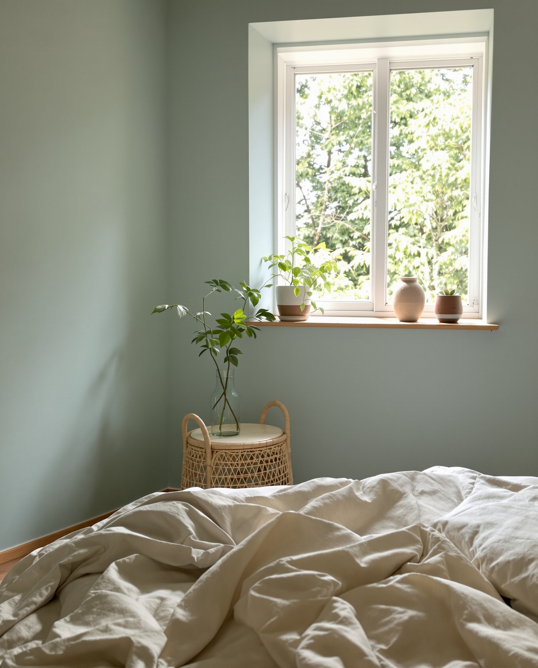 chambre paisible en Bretagne avec murs bleus et verts