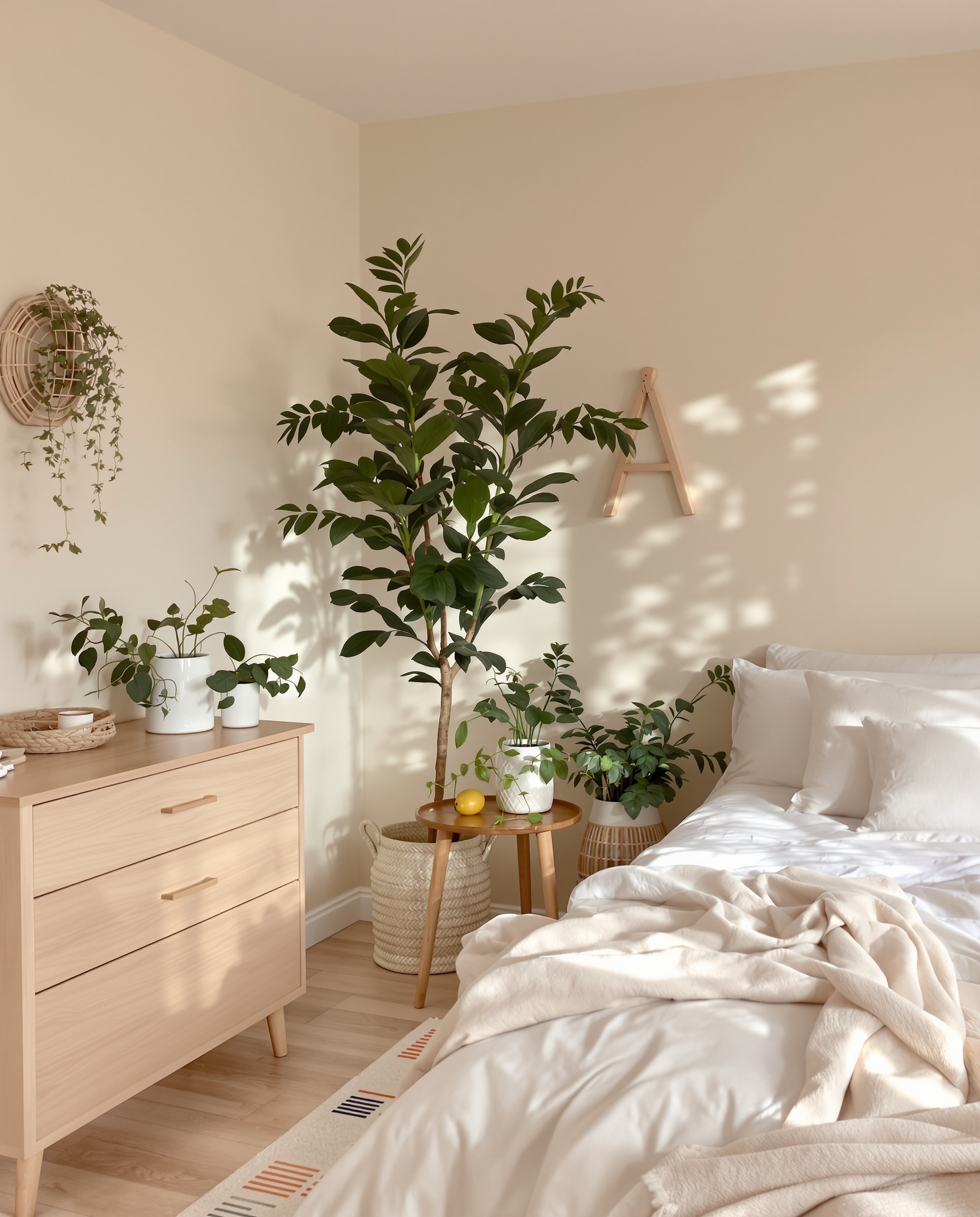 Chambre cosy tendance 2024 avec teintes naturelles bois clair et vert amande