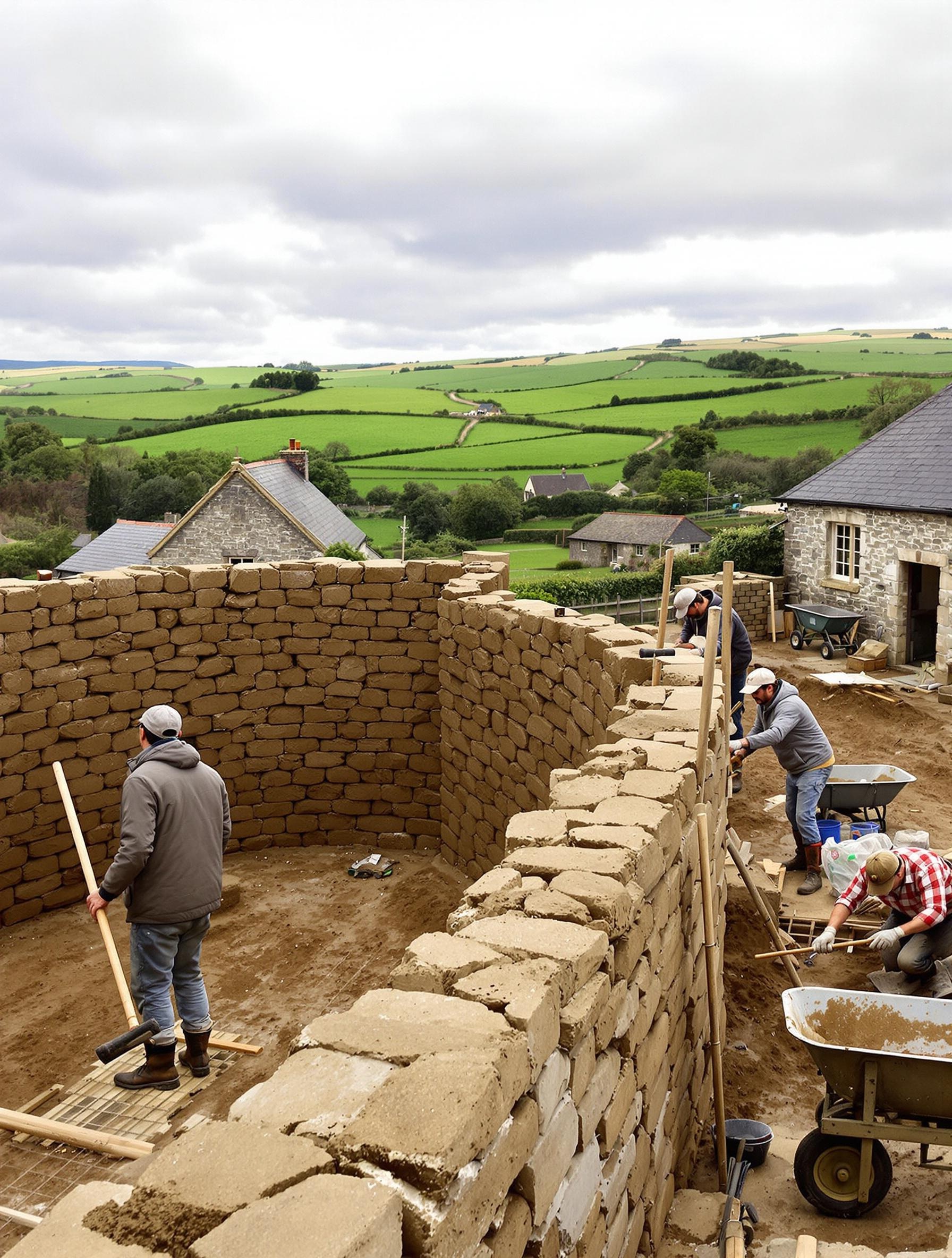 Chantier breton authentique, mur en pisé en construction, outils traditionnels